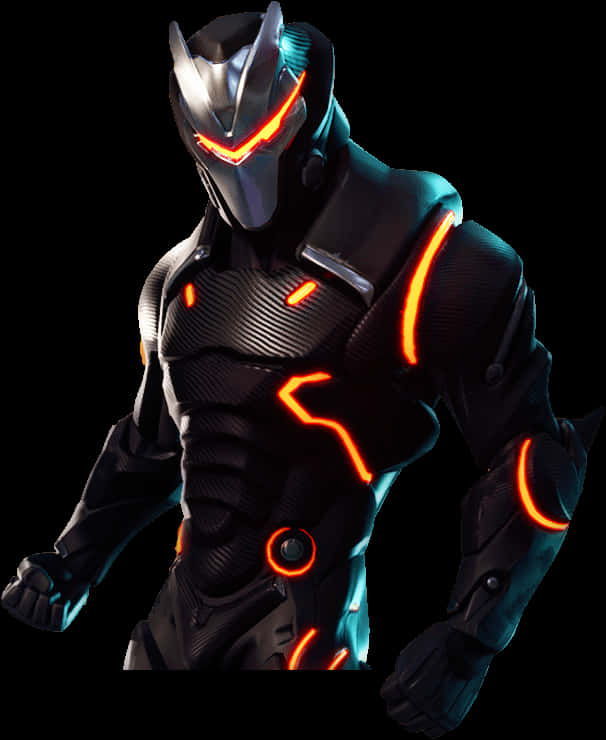 Fortnite 桌布 壁紙 — 一個身穿黑色套裝、帶有發光橙色電路線和發光紅色眼睛的未來裝甲戰士站在黑色背景前。