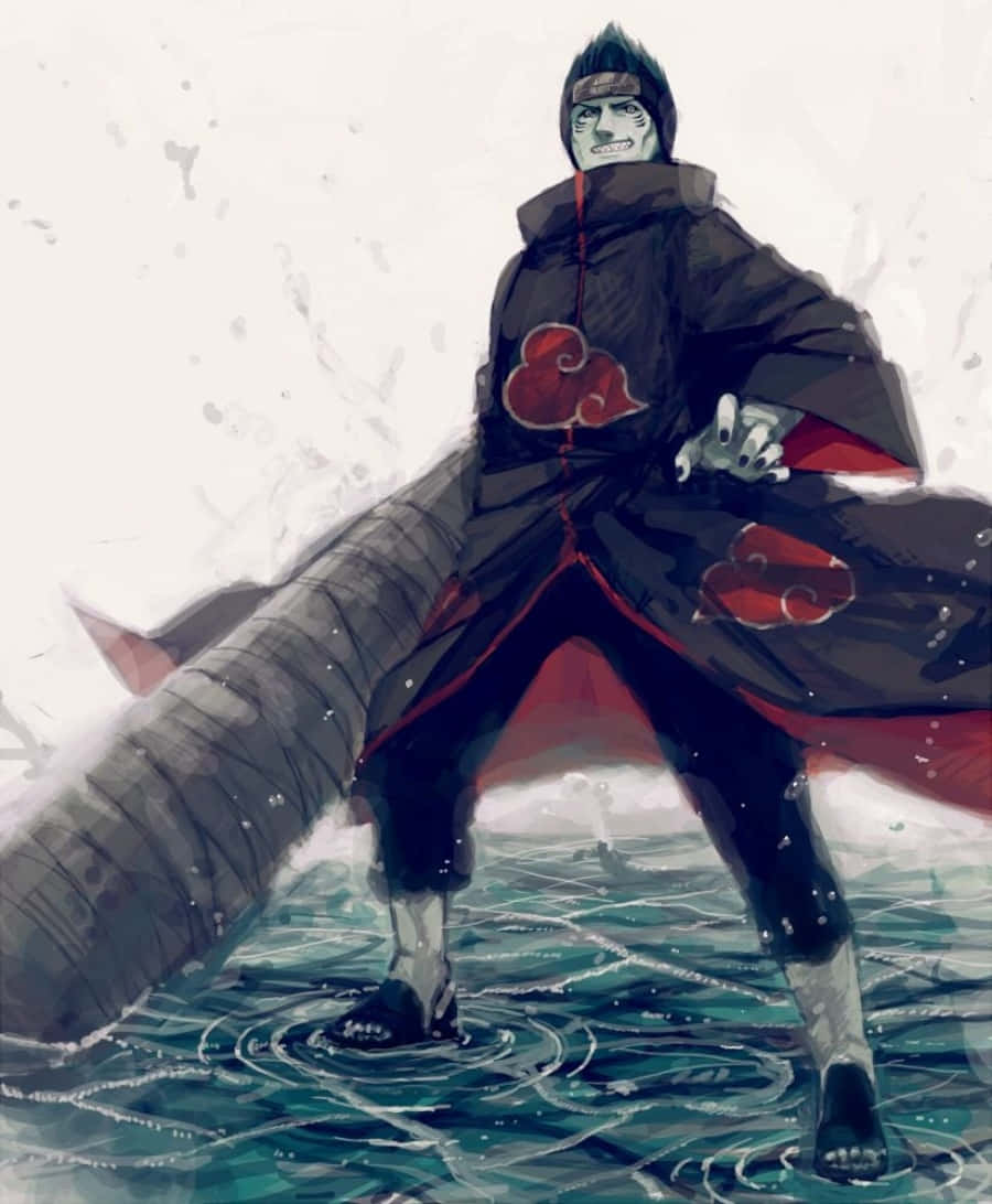 動漫男孩 桌布 壁紙 — 一個身穿黑色斗篷、帶有紅色雲紋的動漫忍者，站在湍急的水中，手持一條巨蛇。