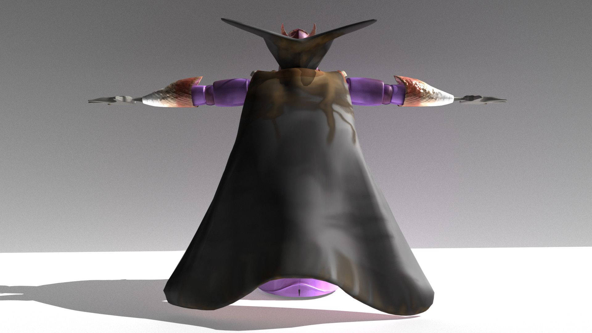 emperor zurg 桌布 壁紙 — 一個身穿黑色斗篷、擁有紫色手臂的邪惡反派，以3D渲染，在純灰色背景前張開雙臂站立。
