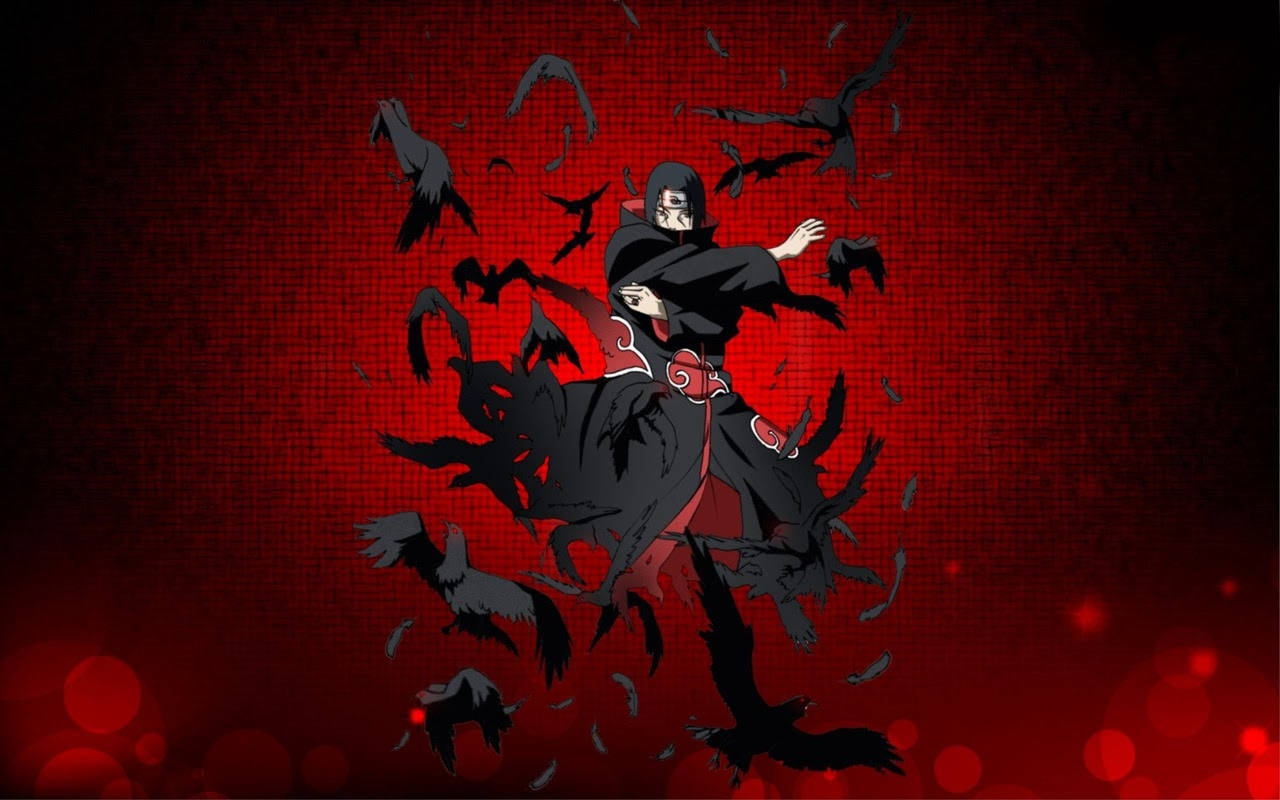 Naruto Gucci 桌布 壁紙 — 一個身穿黑色斗篷的動漫角色，被黑色烏鴉包圍，背景是帶有紋理的紅色背景和發光的散景燈光。