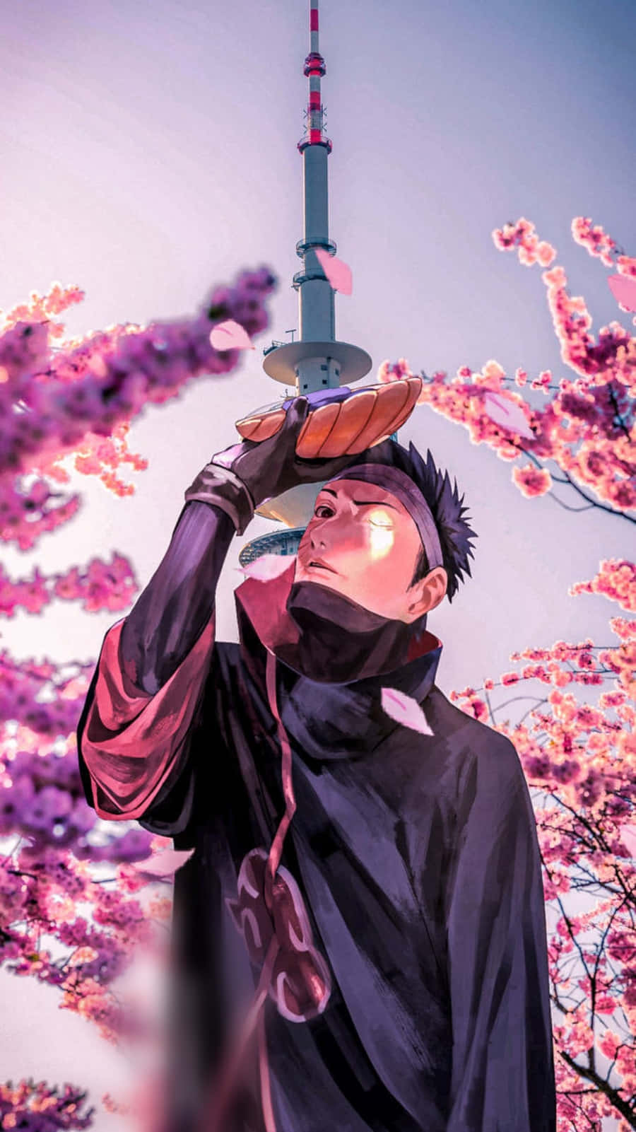 美學 桌布 壁紙 — 一個身穿黑色斗篷的動漫角色在黃昏時分的東京鐵塔下接住飄落的櫻花。