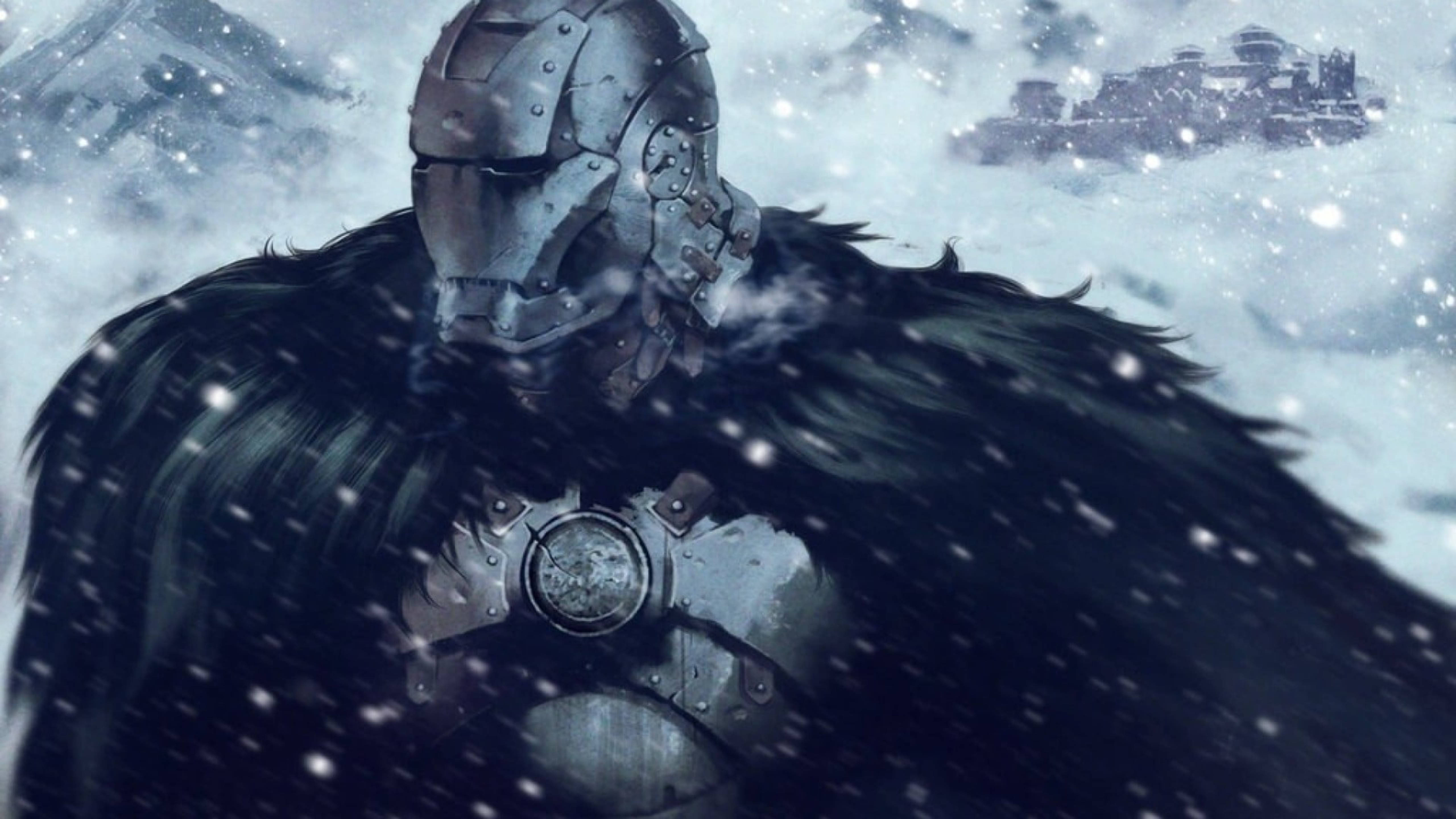 史塔克家族 桌布 壁紙 — 一個身穿黑色斗篷的裝甲騎士站在暴風雪中，雪花在他周圍旋轉，背景是白雪皚皚的山脈。