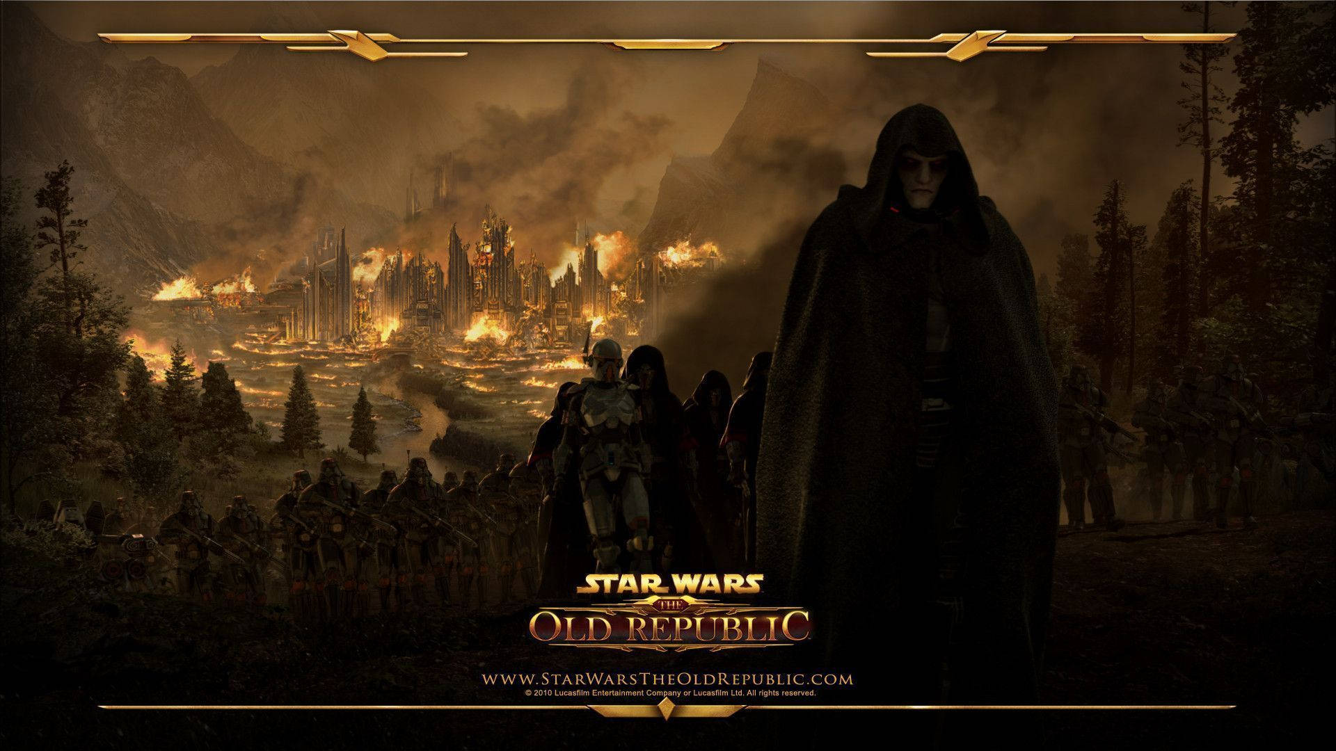 Swtor 桌布 壁紙 — 一個身穿黑色斗篷的身影站在軍隊前，俯瞰著山間一座燃燒中的未來城市。