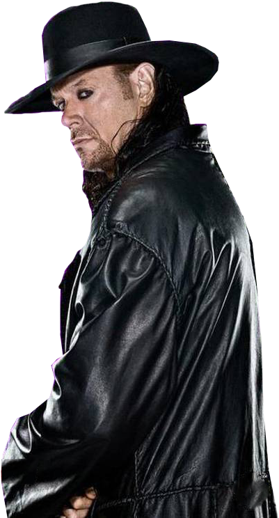 Undertaker 桌布 壁紙 — 一個身穿黑色皮夾克、戴寬邊帽的威脅性男子，在純黑背景下越過肩膀凝視。