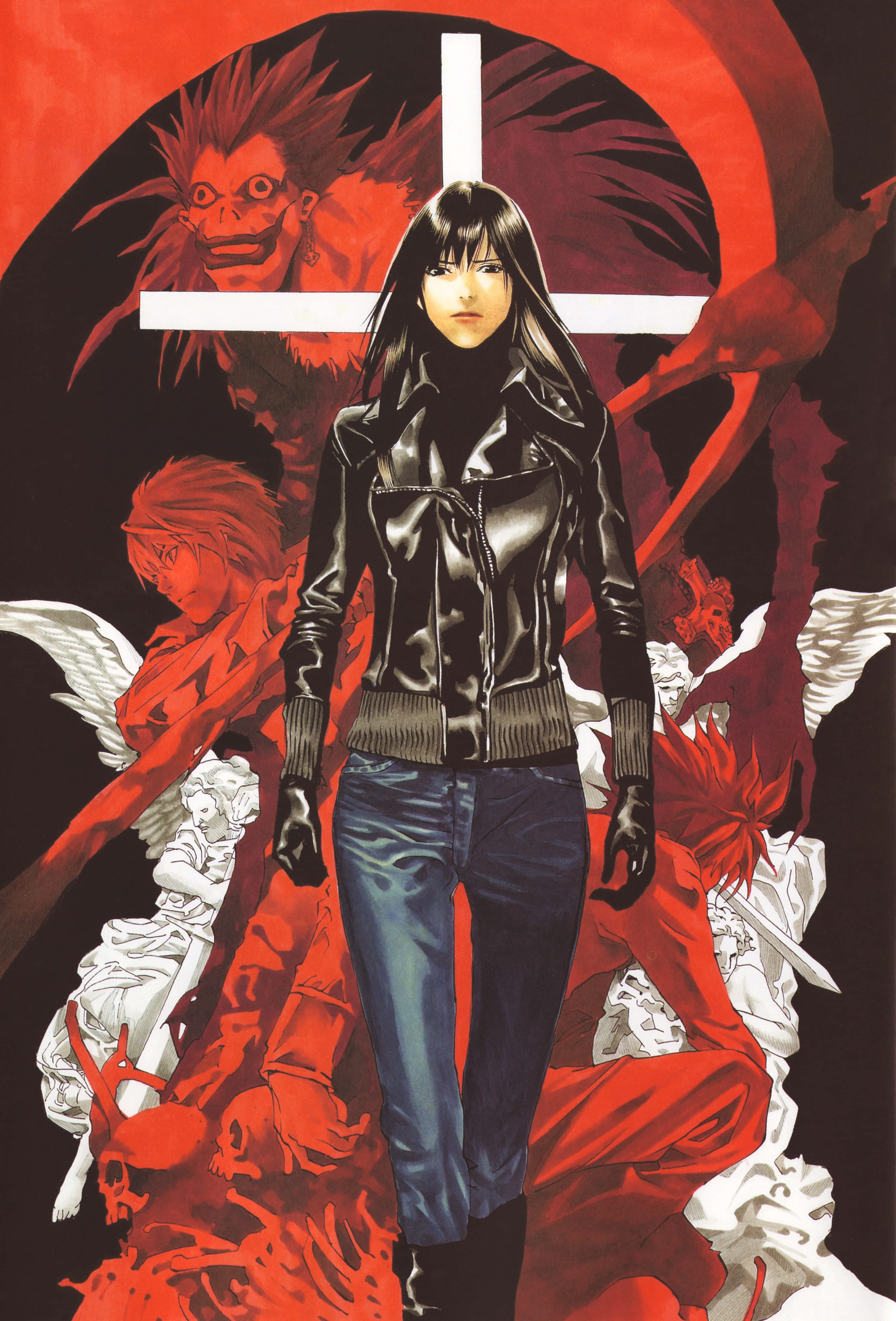 Naomi Misora 桌布 壁紙 — 一個身穿黑色皮夾克的暗黑動漫女孩站在一個紅色十字架前，背後有惡魔形象和天使雕像在旋轉。