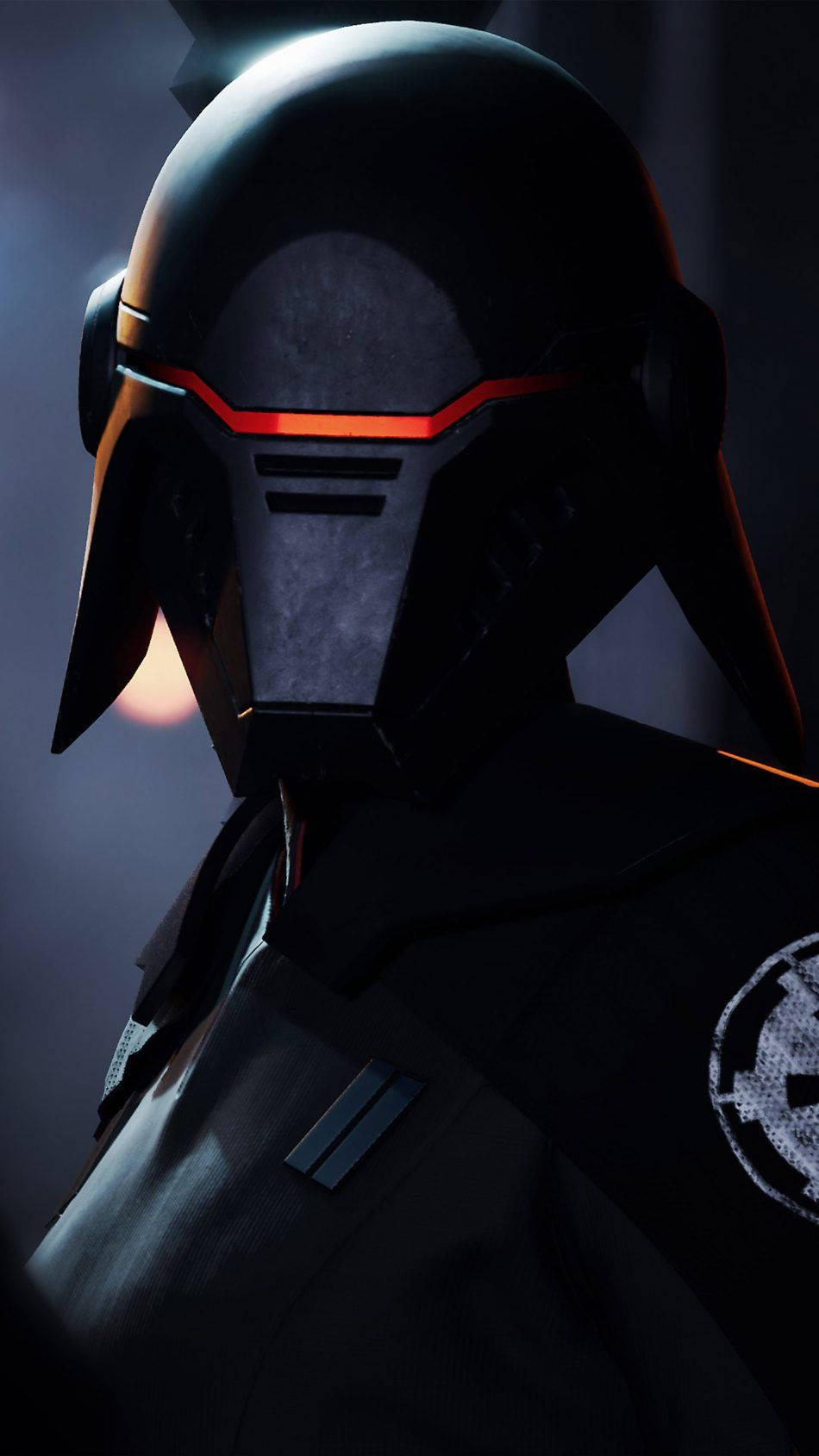 Jedi 桌布 壁紙 — 一個身穿黑色盔甲、戴著發光紅色面罩的人物，站在陰暗的微光中，顯露出邪惡的存在。