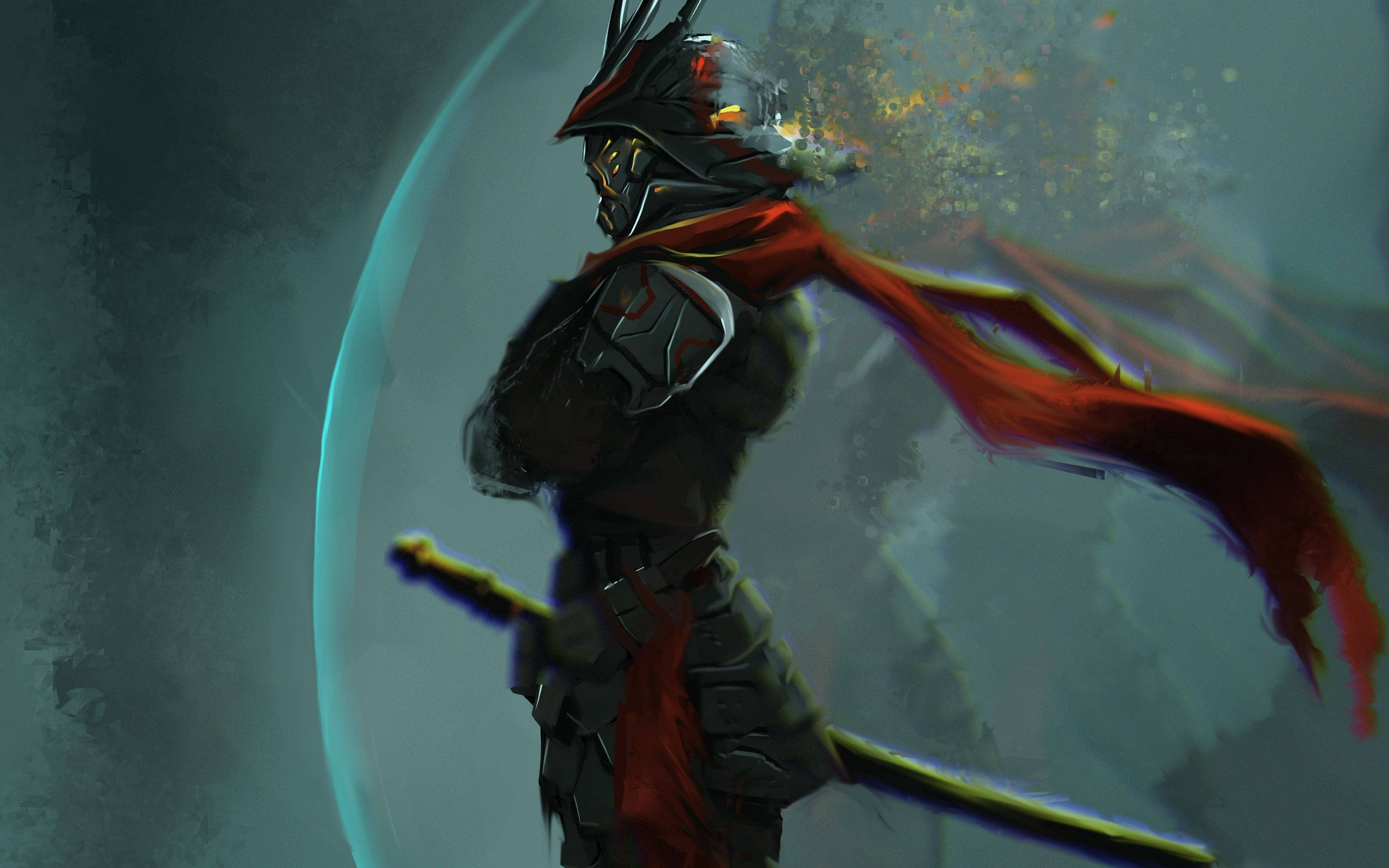 Anime Samurai 桌布 壁紙 — 一個身穿黑色盔甲、披著紅色斗篷的戰士，在迷霧般的青綠色背景下，手持發光的劍蓄勢待發。
