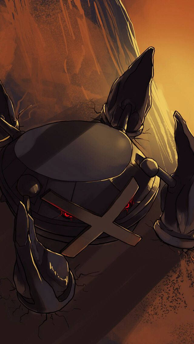 Metagross 桌布 壁紙 — 一個身穿黑色盔甲、擁有發光紅眼和十字形面罩的身影，在溫暖的橙色光芒下從龜裂的大地中出現。