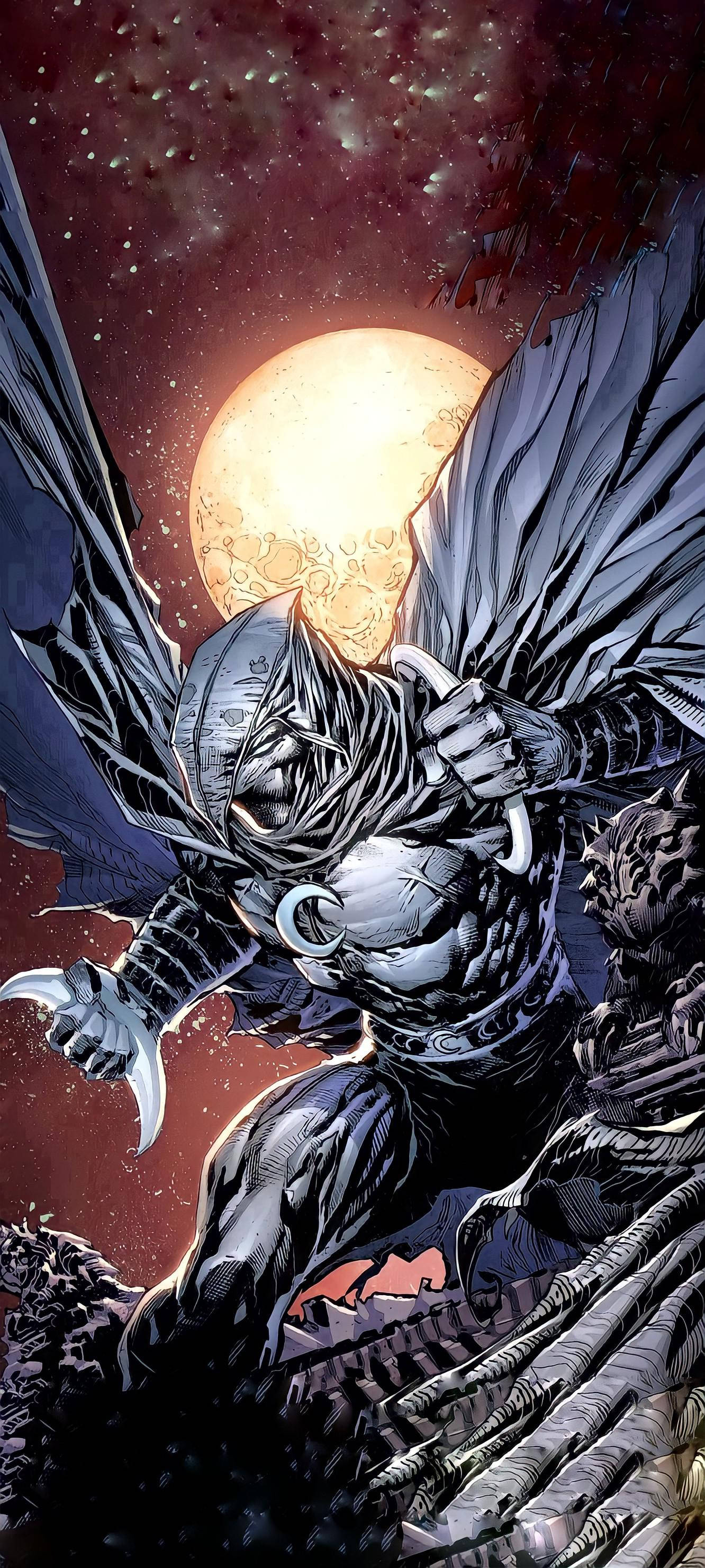 Moon Knight 桌布 壁紙 — 一個身穿黑色盔甲、擁有蝙蝠般翅膀和利爪的戰士，在血紅色的天空和發光的月亮下傲然挺立。