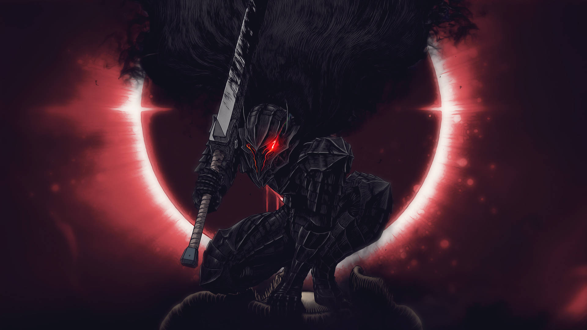 Berserk Guts 桌布 壁紙 — 一個身穿黑色盔甲、眼睛發出紅光的戰士，跪在一個發光的紅色圓環前，背景是煙霧瀰漫的深紅色。