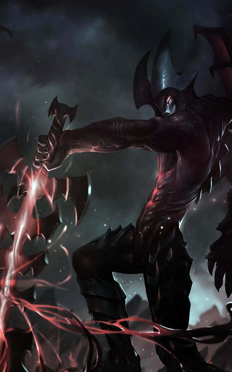 League Of Legends Phone 桌布 壁紙 — 一個身穿黑色盔甲、眼睛發出紅光的惡魔，在暴風雨夜空的背景下，於旋轉的深紅能量中揮舞著一把鋸齒斧。
