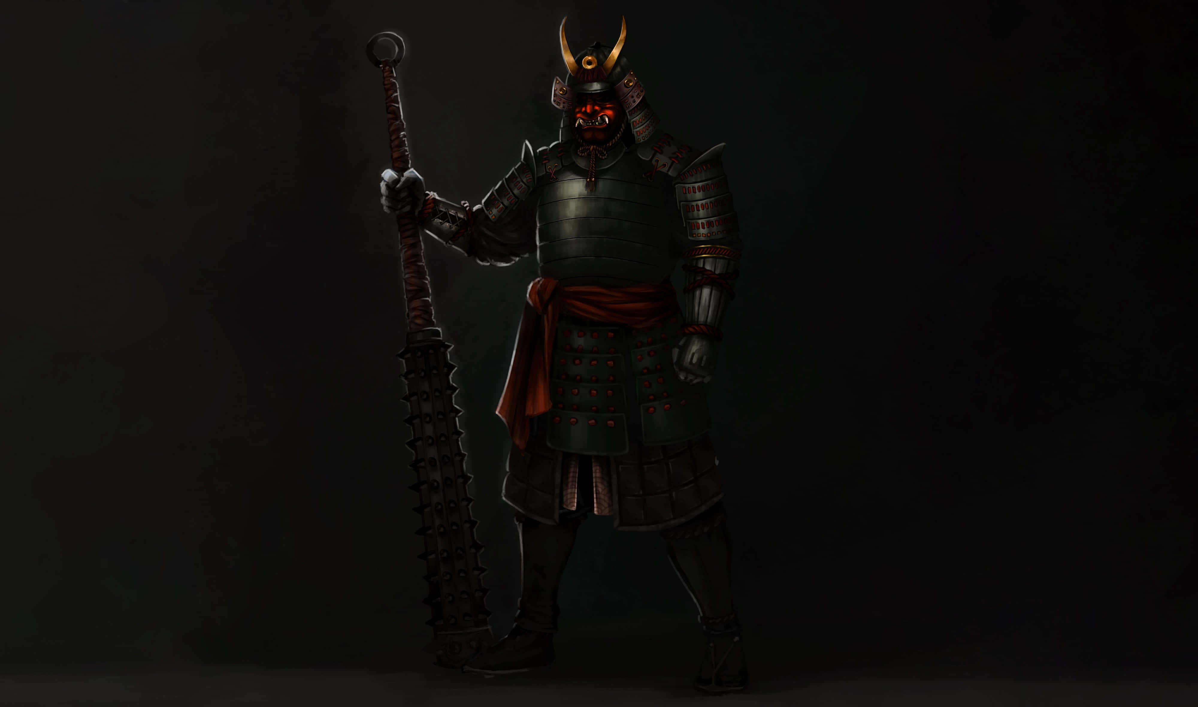 Samurai Armor 桌布 壁紙 — 一個身穿黑色盔甲、眼睛發出紅光的威猛武士，手持帶刺的長戟，站在黑色背景前。