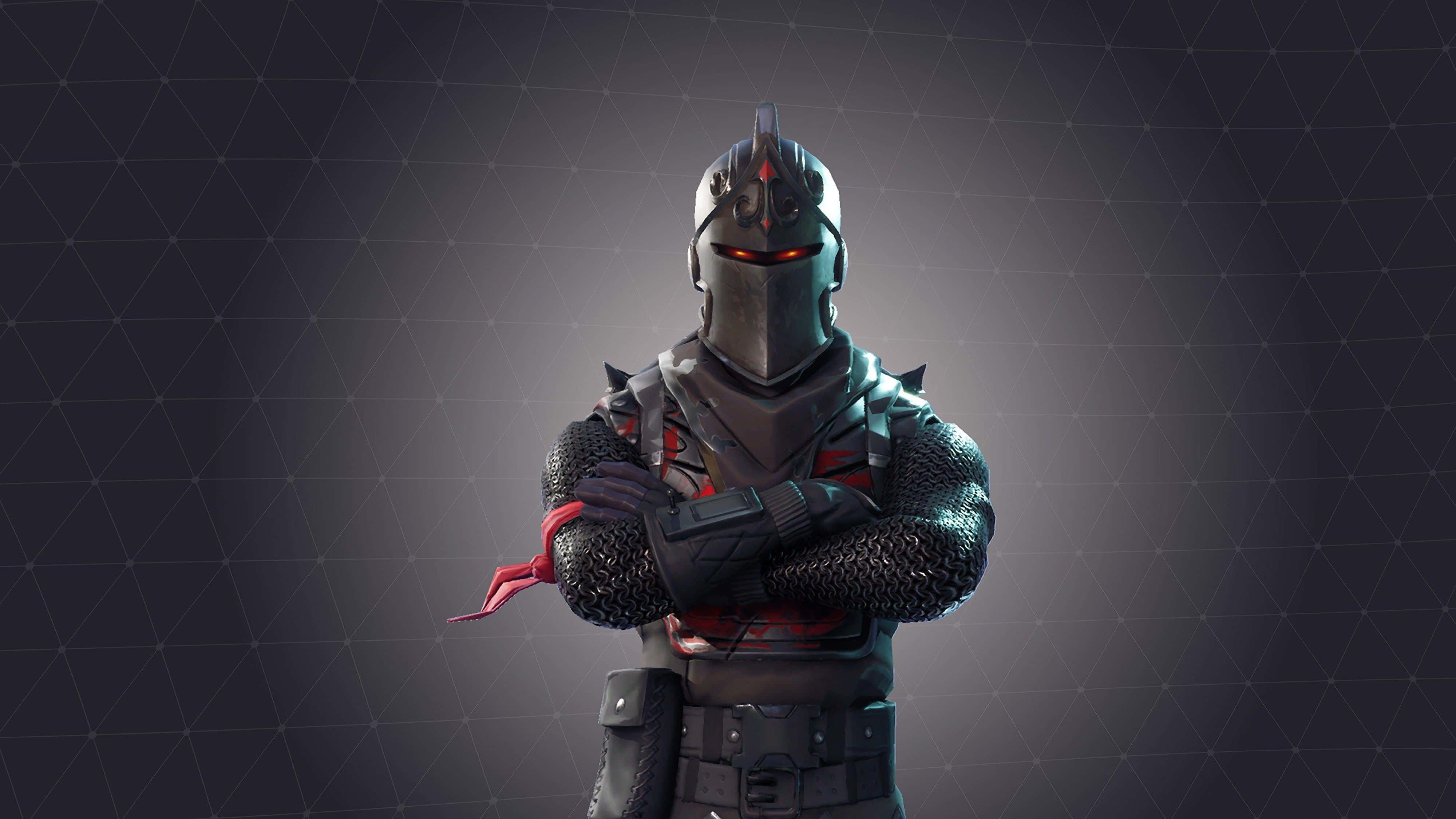 Fortnite 桌布 壁紙 — 一個身穿黑色盔甲、眼睛發出紅光的騎士，自信地交叉雙臂站在幾何網格背景前。