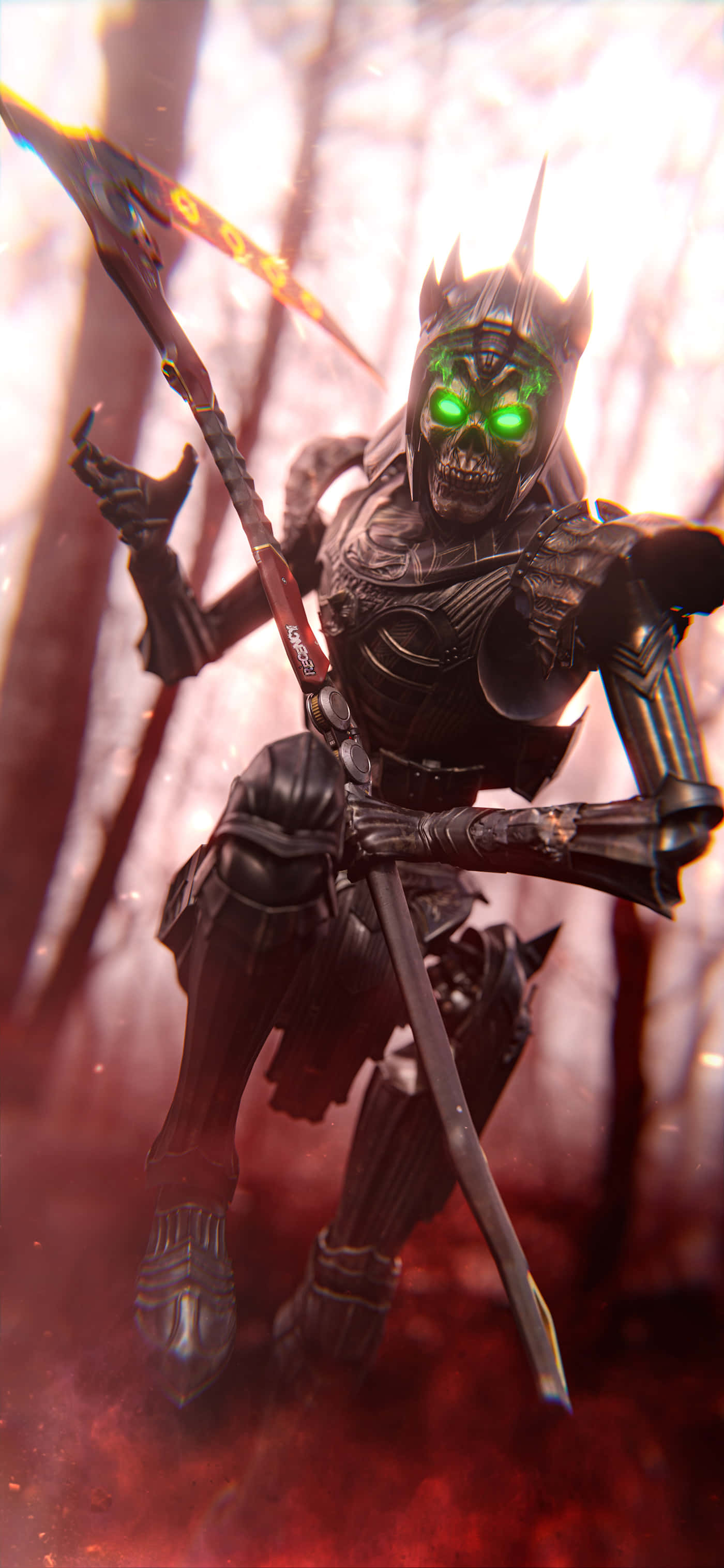 Pixel 3 Apex Legends 桌布 壁紙 — 一個身穿黑色盔甲、眼睛發出綠色光芒的可怕骷髏戰士，在籠罩著紅光的迷霧森林中揮舞著鐮刀。