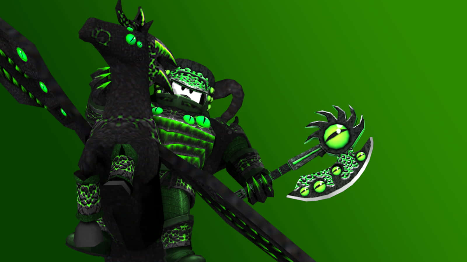 Roblox Character 桌布 壁紙 — 一個身穿黑色盔甲、眼神兇猛的綠眼龍騎士，在純綠色背景下揮舞著發光的綠色斧頭。