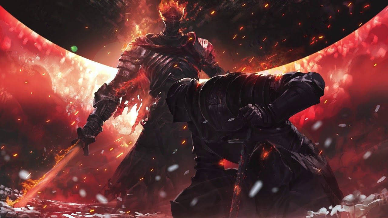 Dark Souls 3 桌布 壁紙 — 一個身穿黑色盔甲、頭髮燃燒的戰士，在火花四濺的熾熱紅黑戰場上揮舞著發光的劍。
