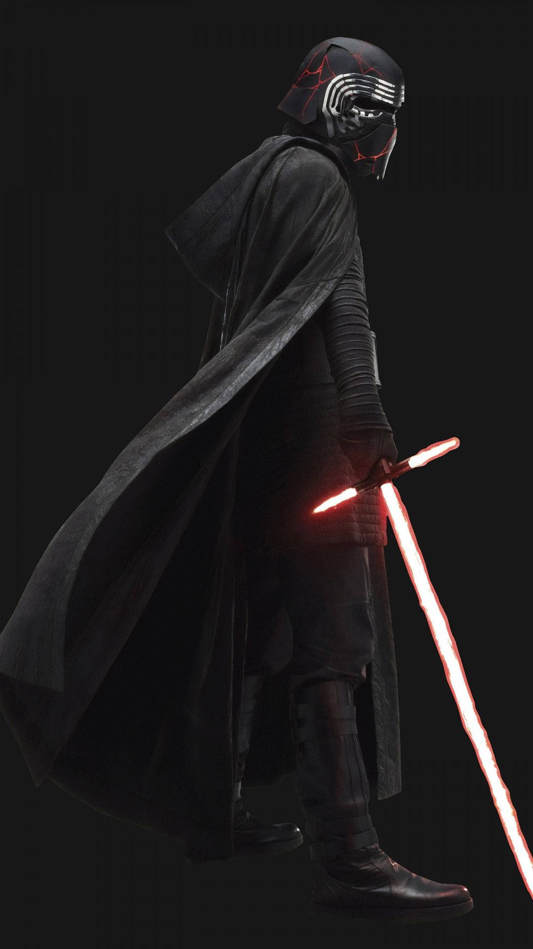 star wars 4K iPhone 桌布 壁紙 — 一個身穿黑色盔甲和斗篷的威脅人物，在黑暗背景下手持發光的紅色光劍。