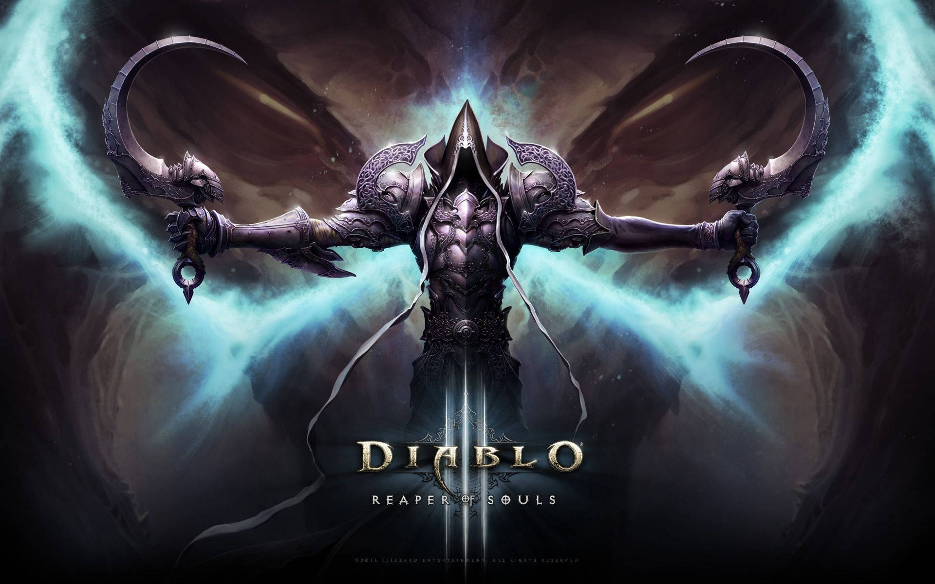 Diablo 桌布 壁紙 — 一個身穿黑色盔甲的人物，擁有發光的藍色能量翅膀，在風暴般的宇宙背景下揮舞雙鐮刀。