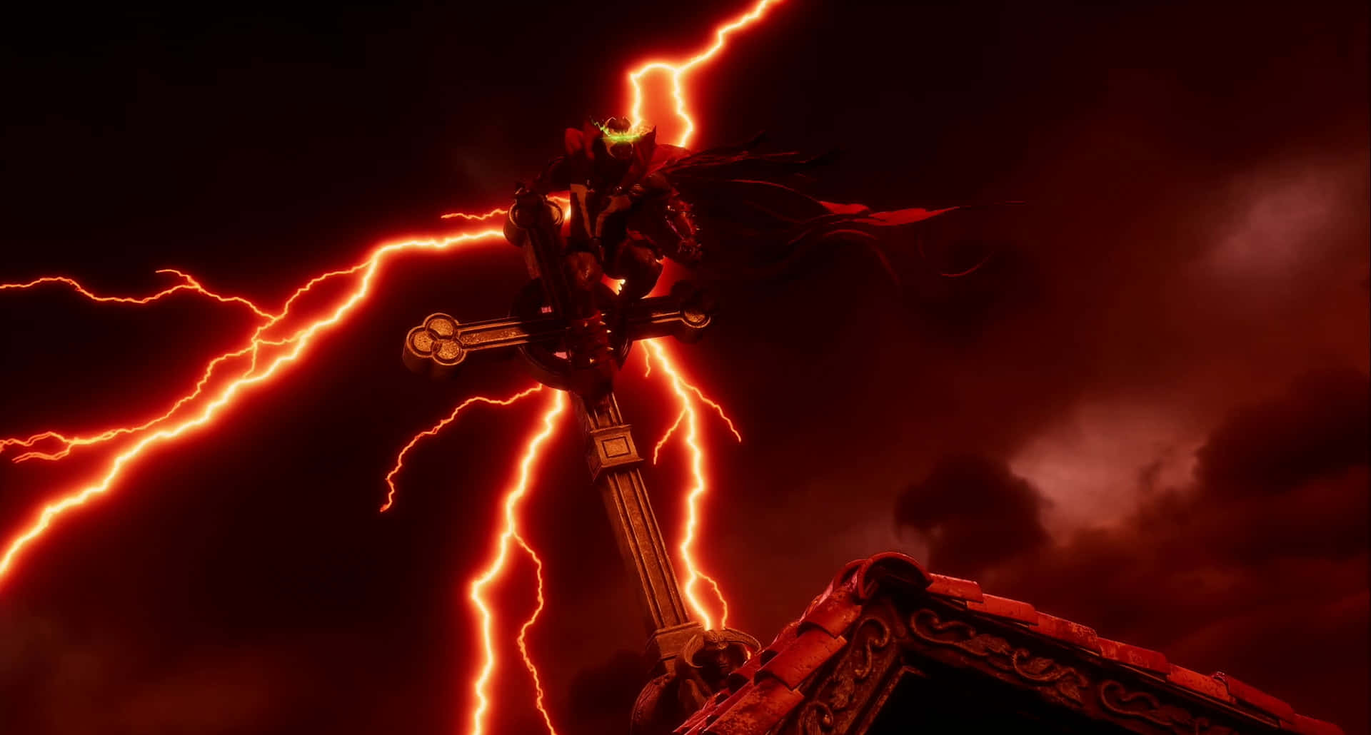 Mortal Kombat 11 Spawn 桌布 壁紙 — 一個身穿黑色盔甲的人物站在十字架上，紅色閃電在他們周圍劈啪作響，背景是暴風雨般的深紅色天空。