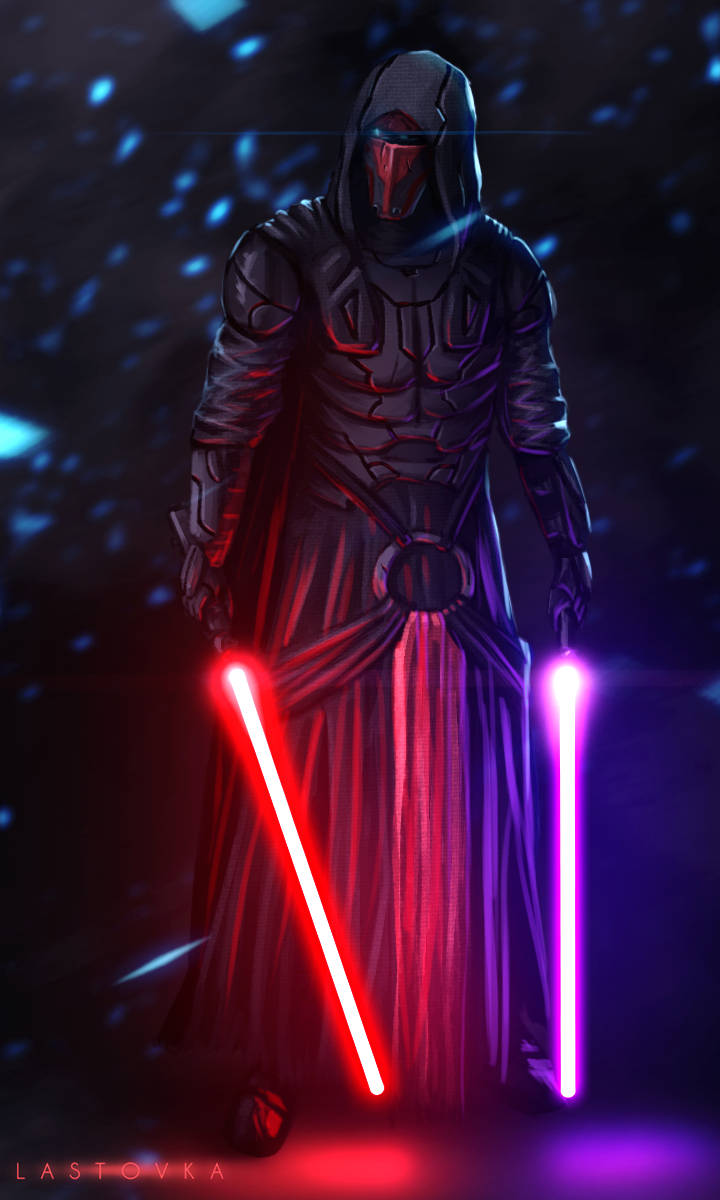 Revan 桌布 壁紙 — 一個身穿黑色盔甲的兜帽黑暗人物，手持兩把發光的紅色和紫色光劍，背景是星光燦爛的宇宙。