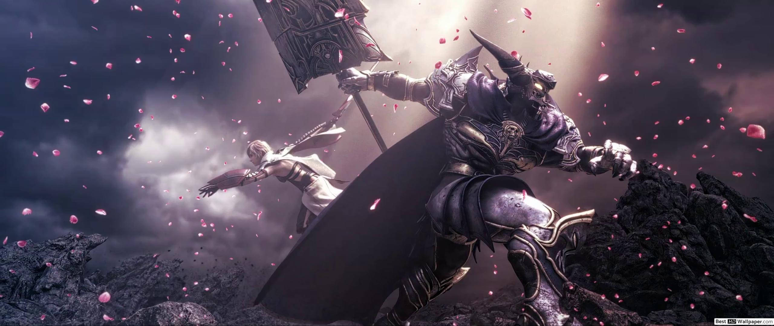 Sephiroth 桌布 壁紙 — 一個身穿黑色盔甲的惡魔戰士，手持巨錘，與一位白衣女戰士在飄落的粉紅花瓣和暴風雨的天空下交戰。