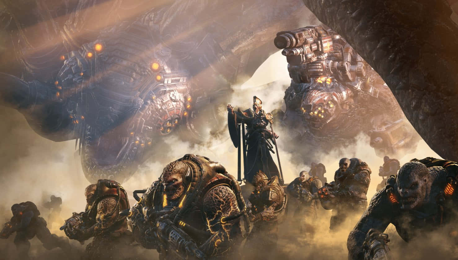 Best Gears Of War 5 桌布 壁紙 — 一個身穿黑色盔甲的戰士站在戰場上，巨大的生化機械恐怖在煙霧瀰漫、戰火摧殘的天空中若隱若現。