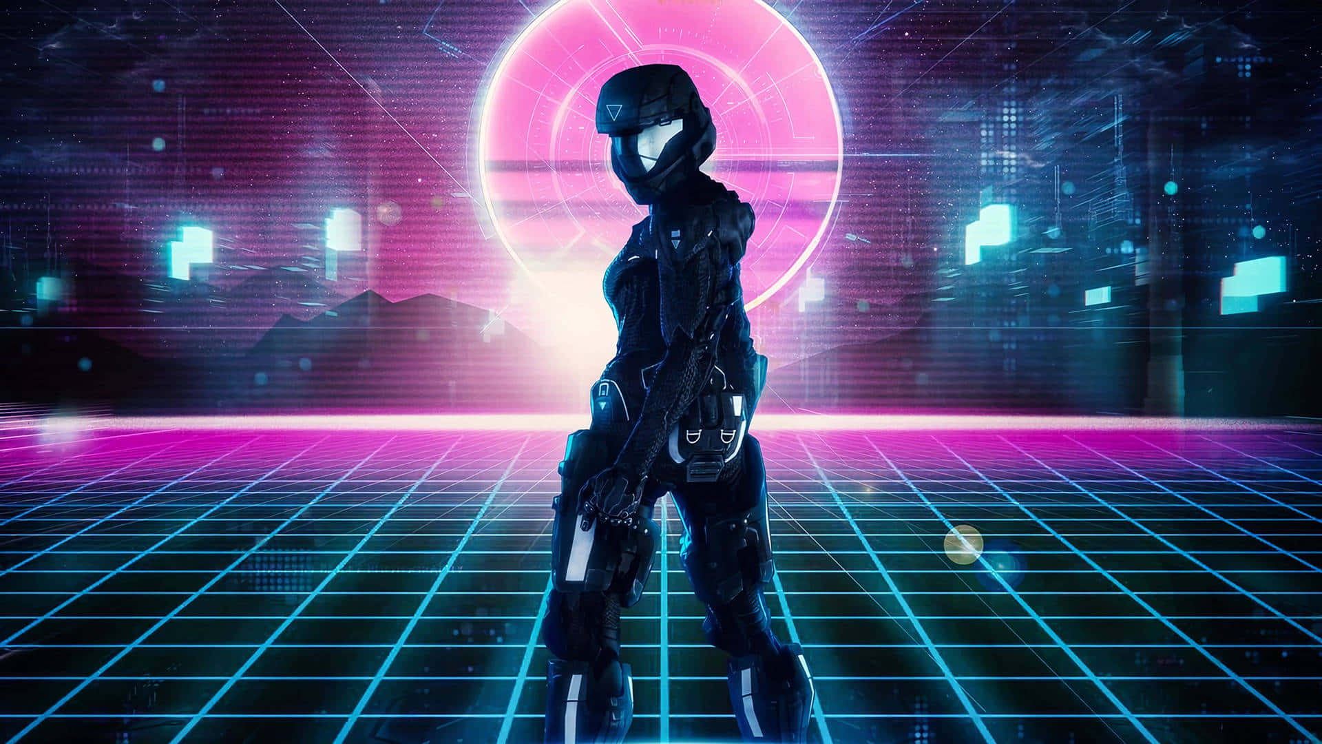 Cyberpunk Laptop 桌布 壁紙 — 一個身穿黑色盔甲的未來戰士站在發光的網格上，在霓虹粉紅環下，以數位城市景觀為背景。