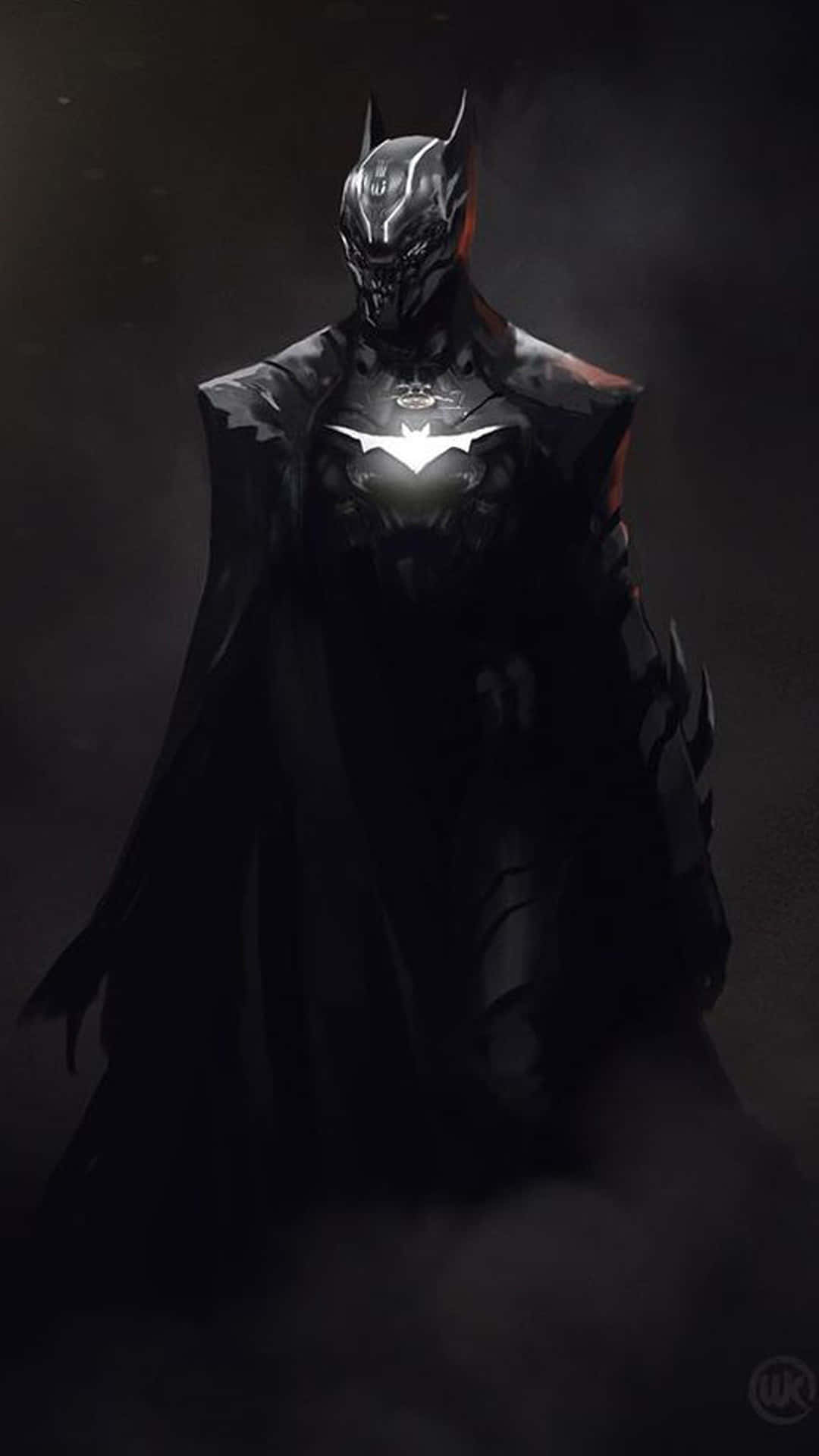 Awesome Batman 桌布 壁紙 — 一個身穿黑色盔甲的蝙蝠俠站在迷霧中，胸前有發光的蝙蝠標誌，背景陰暗。
