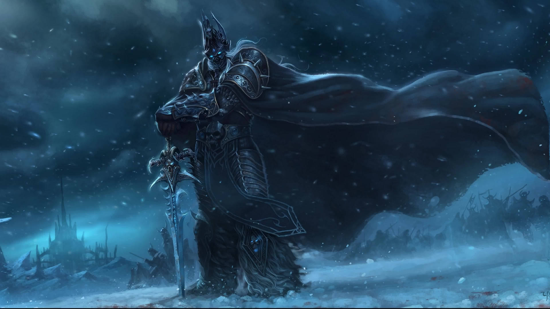 黑色盔甲騎士在雪地戰場上，暴風雨夜空下手持劍 — 電玩遊戲 GIF 壁紙