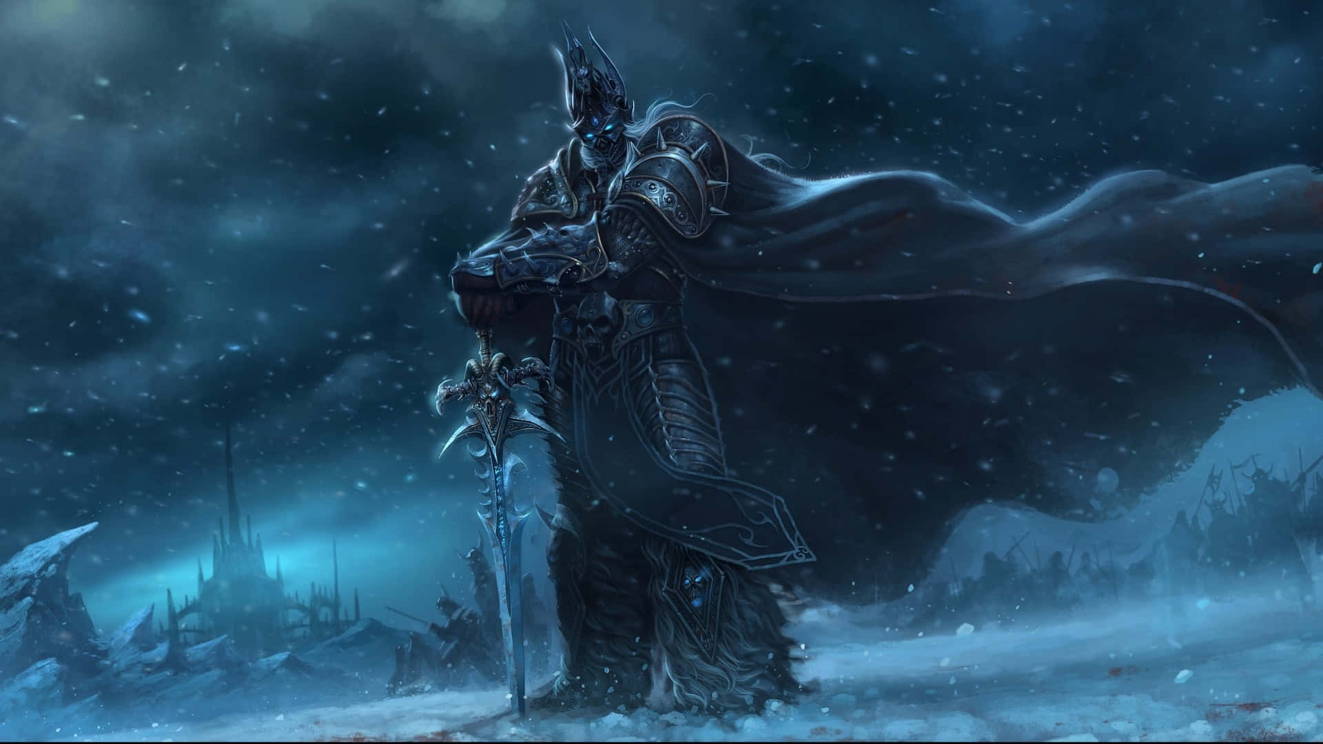Warcraft 2 桌布 壁紙 — 一個身穿黑色盔甲的騎士，披著飄逸的斗篷，站在風雪交加的戰場上，背景是暴風雨夜空中遙遠的城堡廢墟。