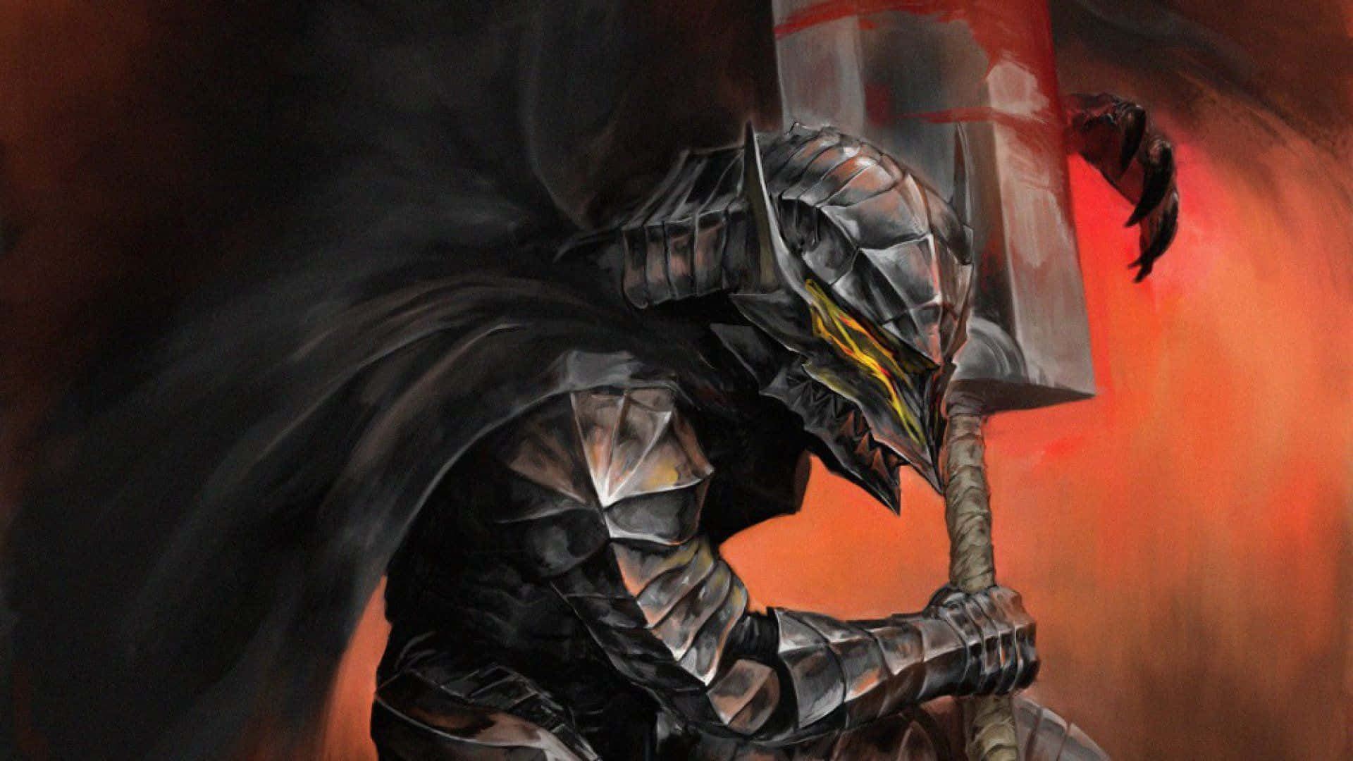 Berserk Guts 桌布 壁紙 — 一個身穿黑色盔甲的騎士，有一隻發光的黃色眼睛，在火紅和黑色的背景下握著一把巨大的錘子。