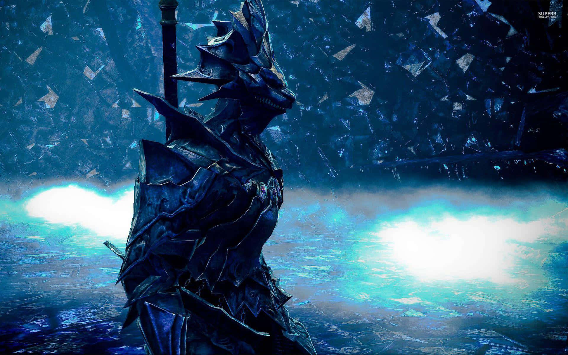 Dragon Slayer Ornstein 桌布 壁紙 — 一個身穿黑色盔甲的龍戰士站在破碎的玻璃領域中，腳下有發光的藍色能量。