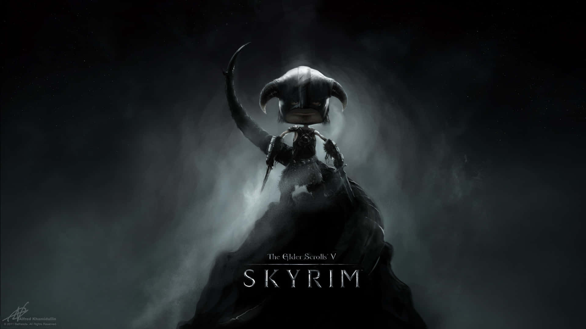 dovahkiin 桌布 壁紙 — 一個身穿黑色盔甲的龍裔戰士，在迷霧陰霾中呈現剪影，雙眼發光，頭戴有角頭盔。