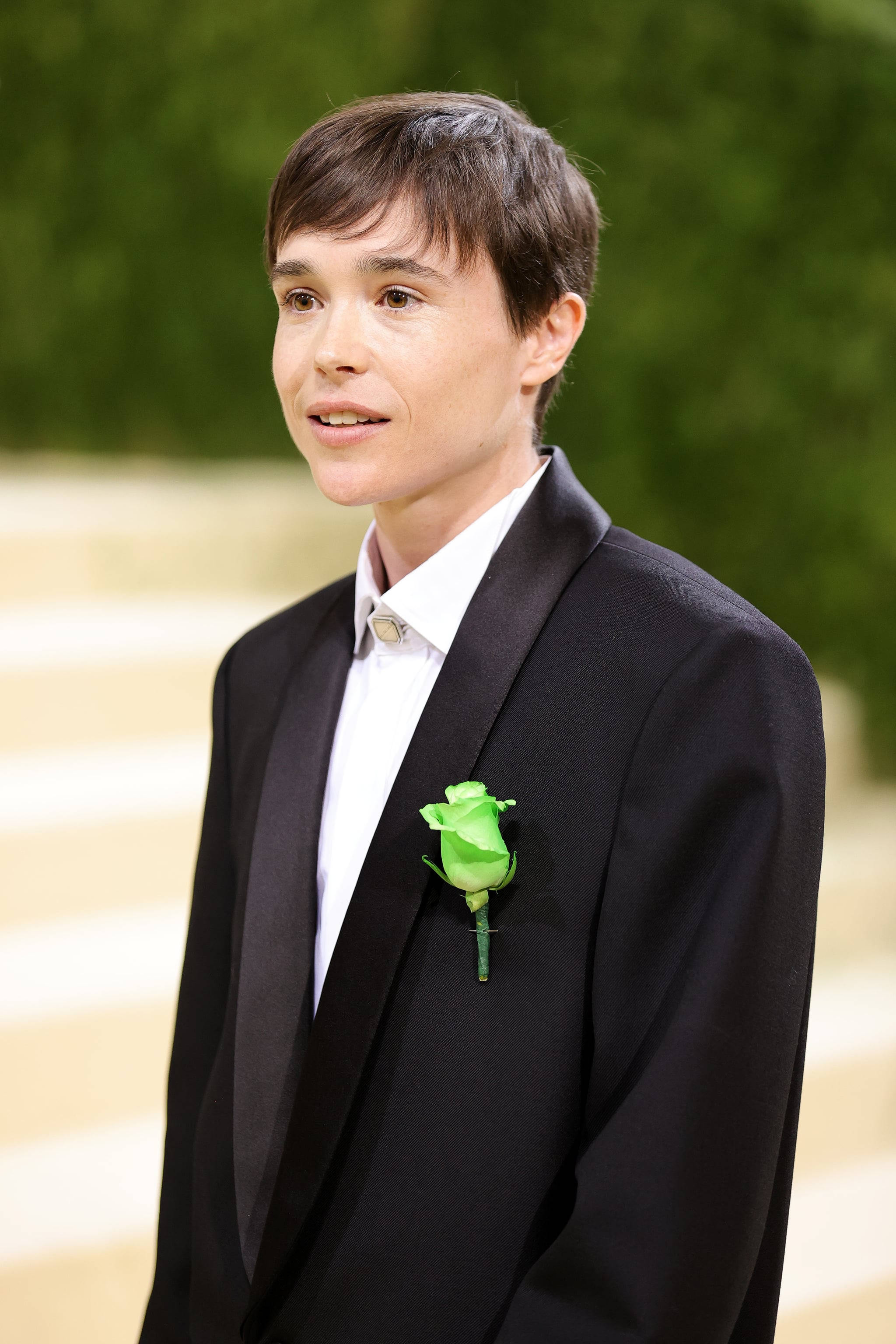 Elliot 桌布 壁紙 — 一個身穿黑色禮服、佩戴亮綠色玫瑰胸花的人，站在模糊的綠色和米色背景前。