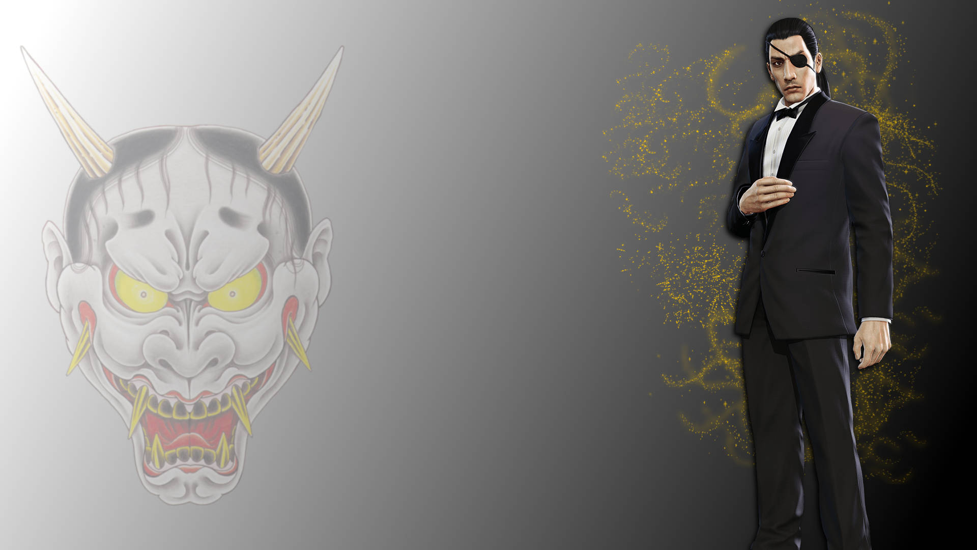 Majima Goro 桌布 壁紙 — 一個身穿黑色禮服、戴著眼罩的男人站在一個帶有發光黃色眼睛的兇惡鬼面具旁邊。