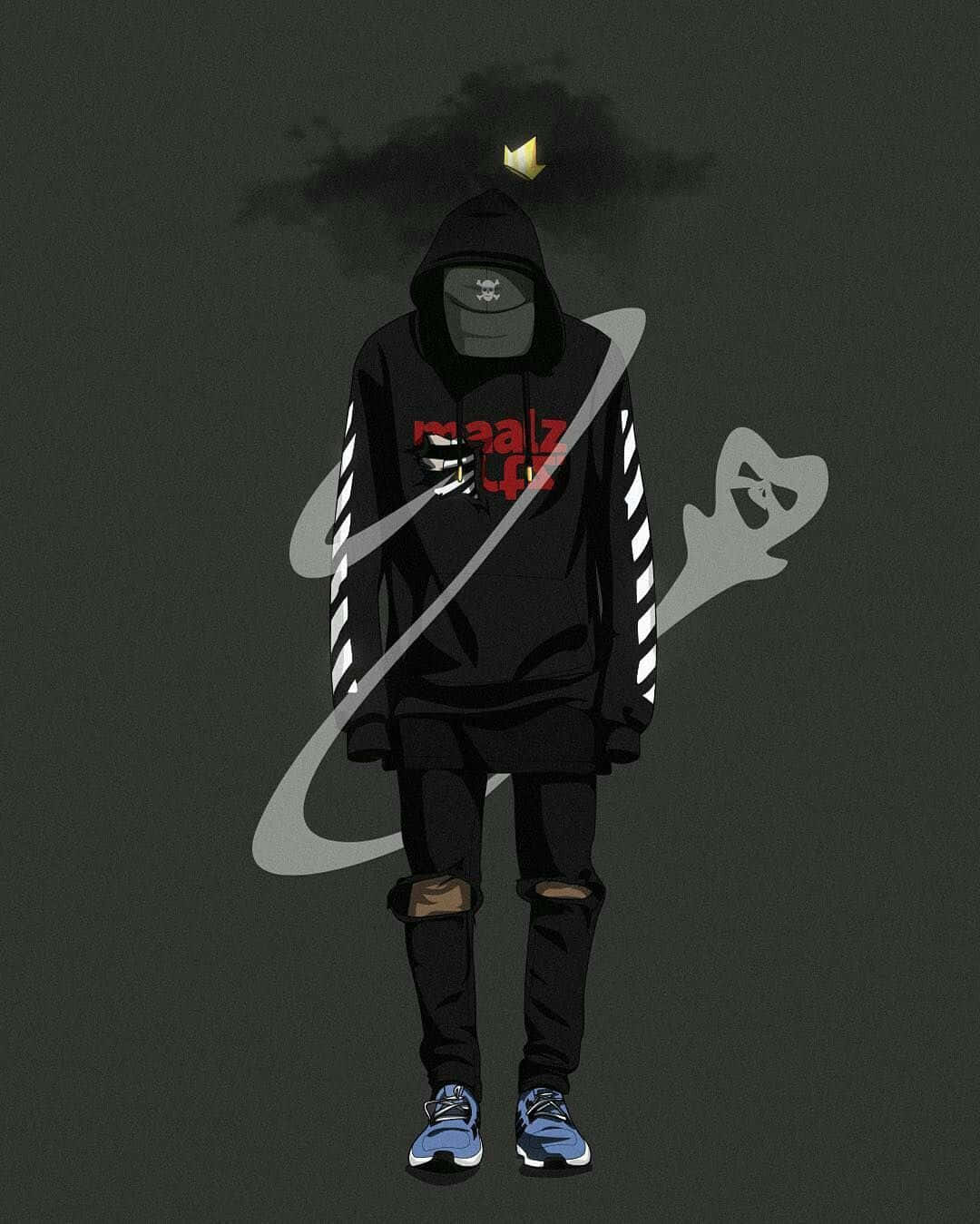 Hoodie 桌布 壁紙 — 一個身穿黑色街頭服飾的連帽人物站在深灰色背景前，伴隨著漂浮的王冠和幽靈般的漩渦。