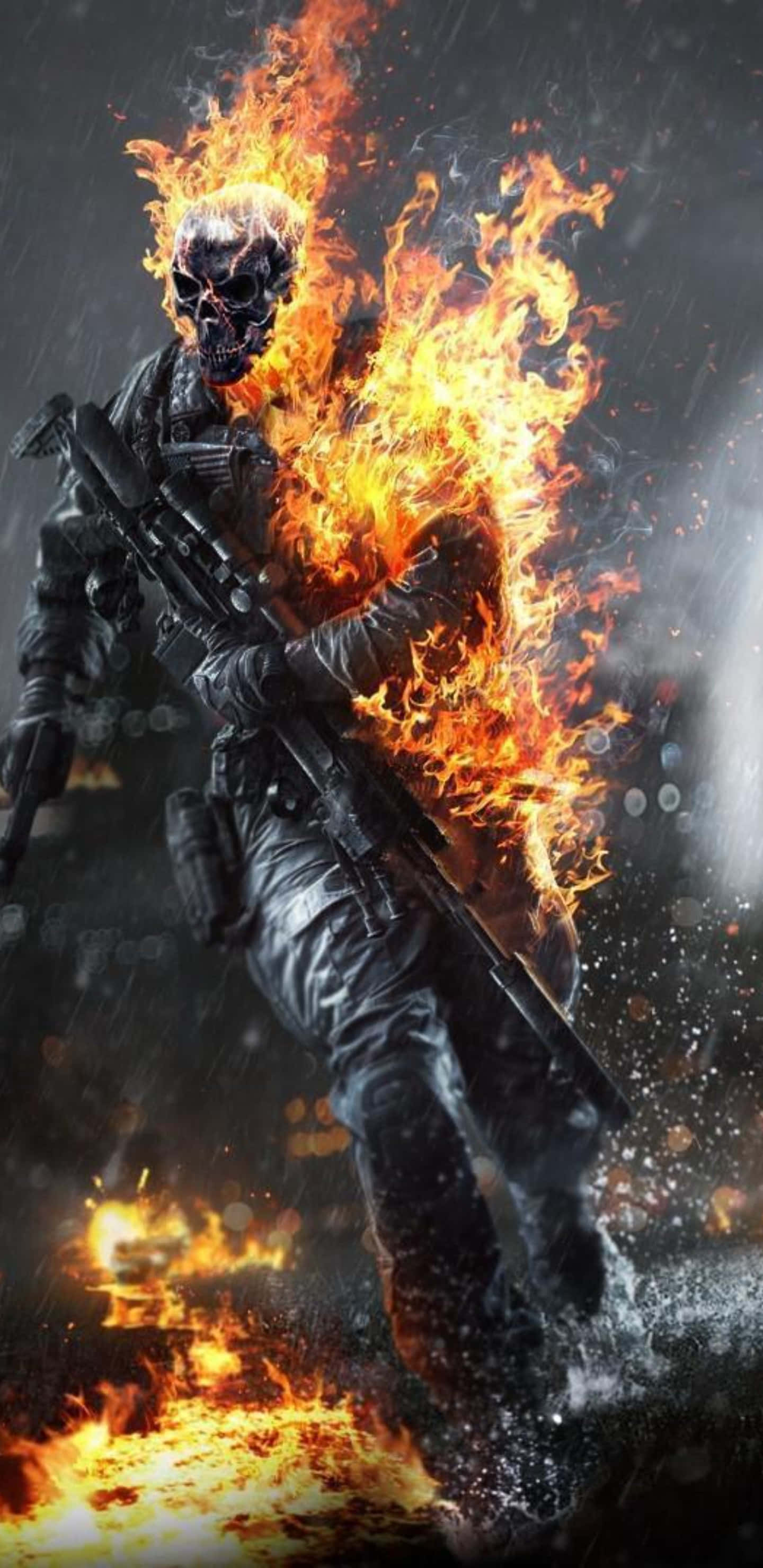 Pixel 3xl Battlefield 4 桌布 壁紙 — 一個身穿黑色裝備的火焰骷髏士兵，在雨中持步槍涉水而行，火焰從他的身體和地面噴發。