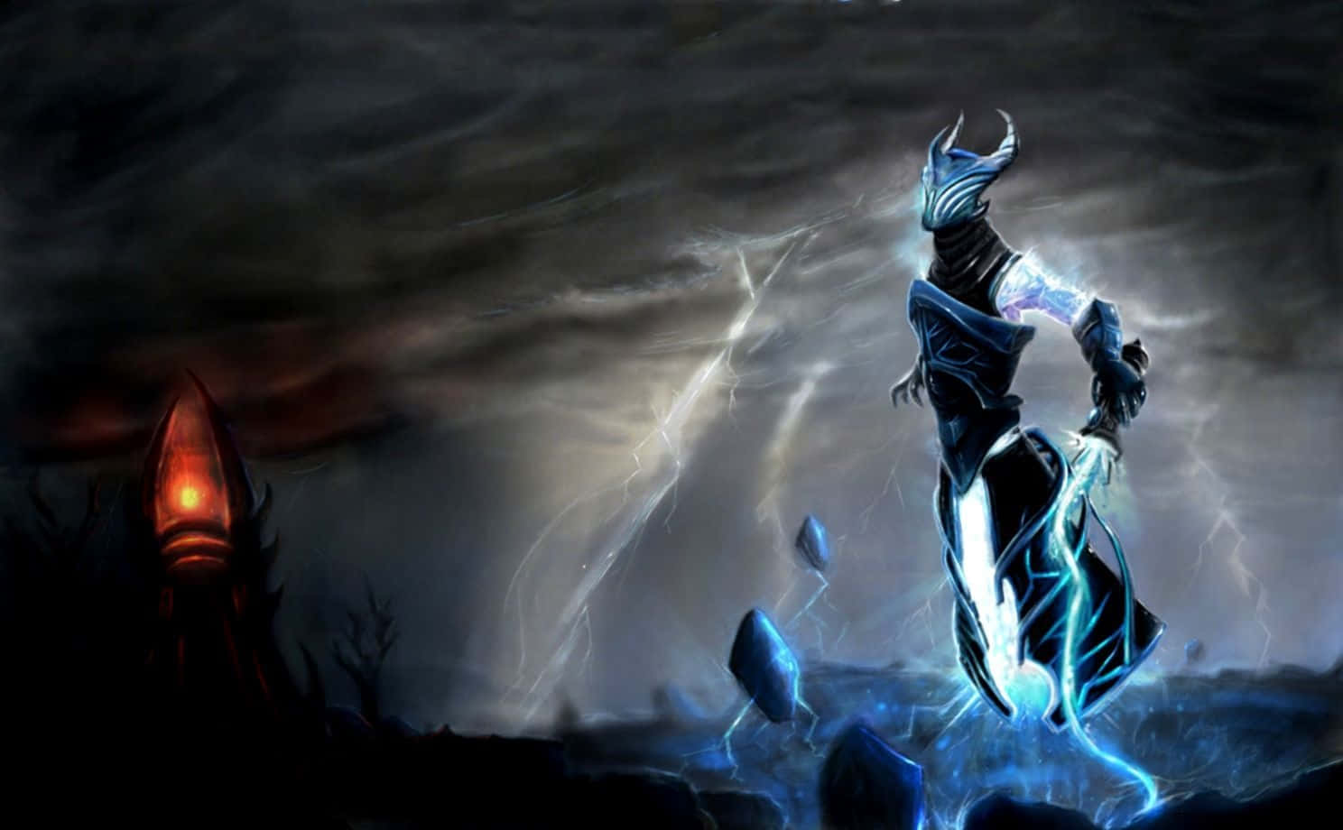 HD Dota 2 桌布 壁紙 — 一個身穿黑色裝甲、帶有發光藍色能量通道的人物，站在暴風雨的天空和閃電中，面向遠處一個不祥的紅色塔樓。