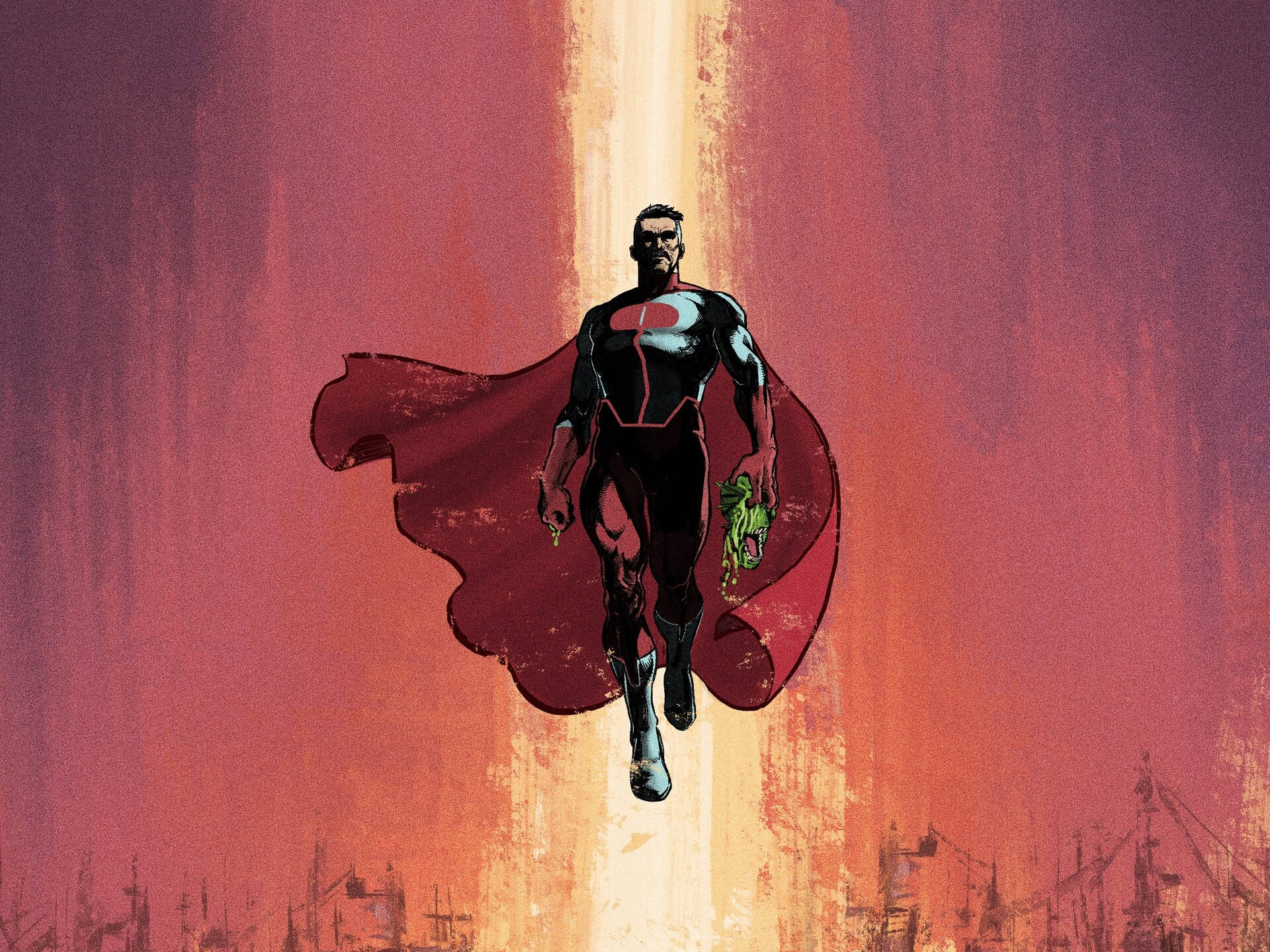 無敵 桌布 壁紙 — 一個身穿黑色西裝、披著紅色斗篷的超級英雄在火紅橙色的天空中翱翔，飛越城市天際線。