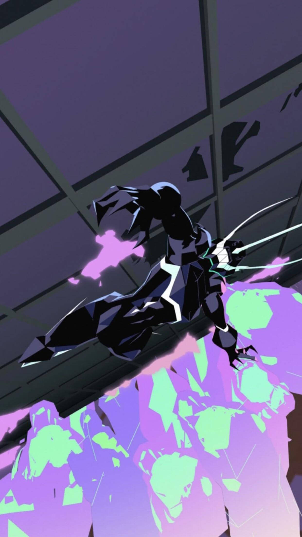 Promare 桌布 壁紙 — 一個身穿黑色西裝的動漫角色，用爪子穿過破碎的玻璃，背景是紫色和綠色的霓虹燈。