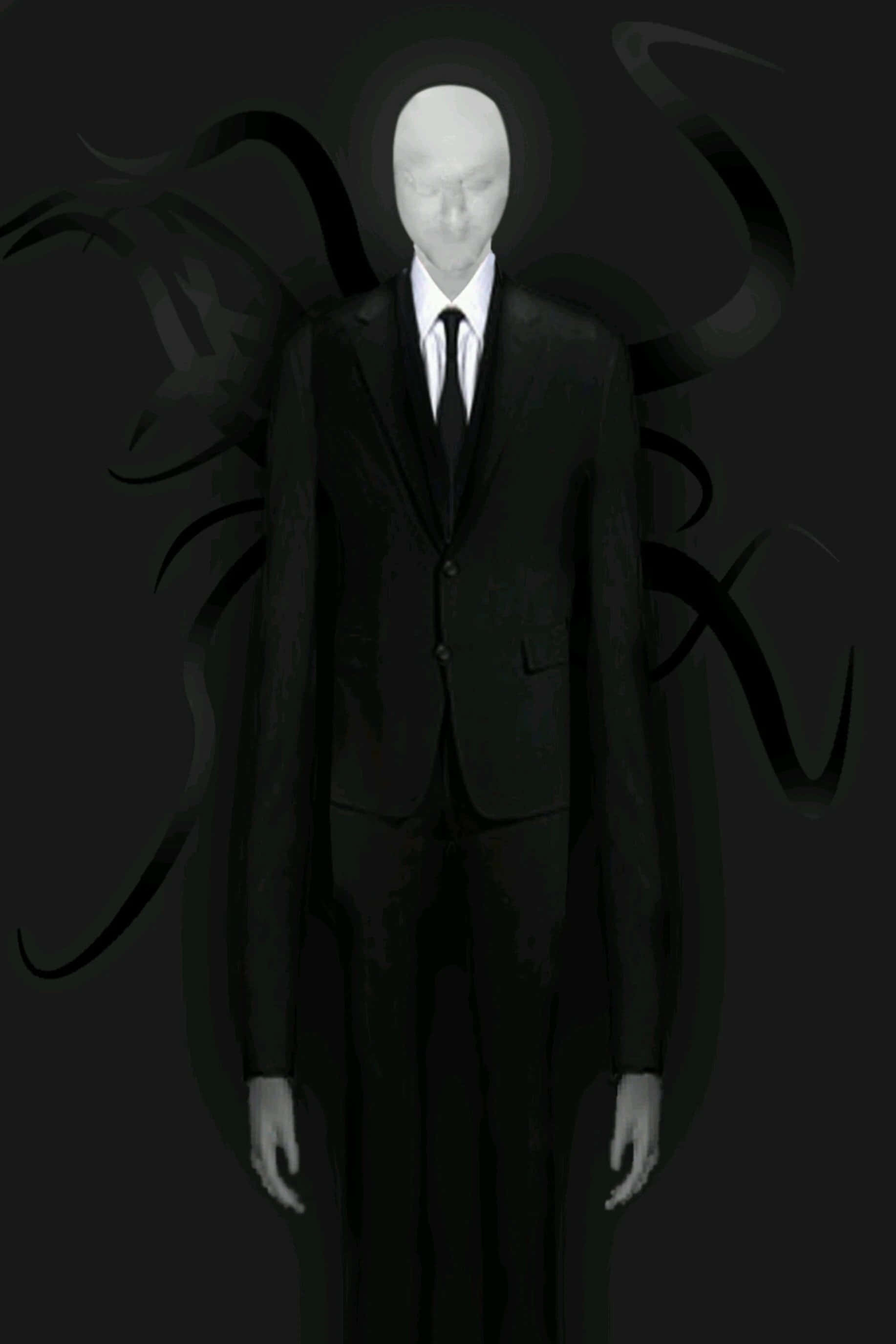 Creepypasta 桌布 壁紙 — 一個身穿黑色西裝的高大蒼白身影，背後有旋轉的黑暗觸手，站在黑暗背景前。