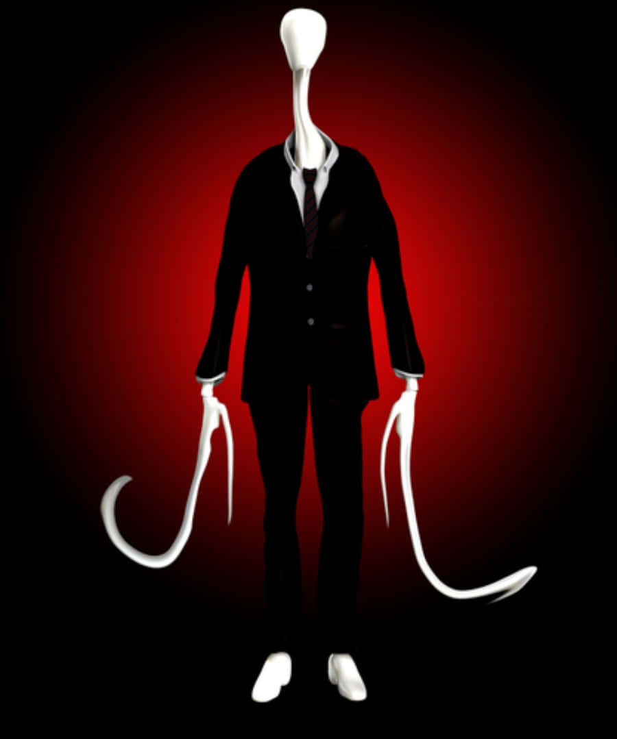 Creepypasta 桌布 壁紙 — 一個身穿黑色西裝的高挑白色人形站在紅色漸變背景前，長而彎曲的白色雙手。