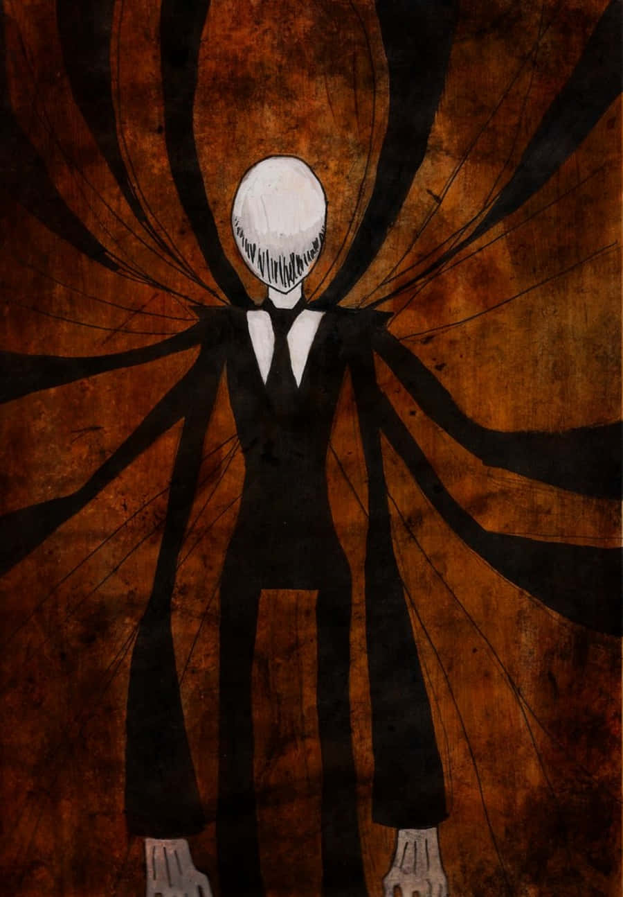 Creepypasta 桌布 壁紙 — 一個身穿黑色西裝的高挑纖細身影，白色臉孔和鋸齒狀嘴巴，站在帶有紋理的鏽色背景前，背景有黑色卷鬚。