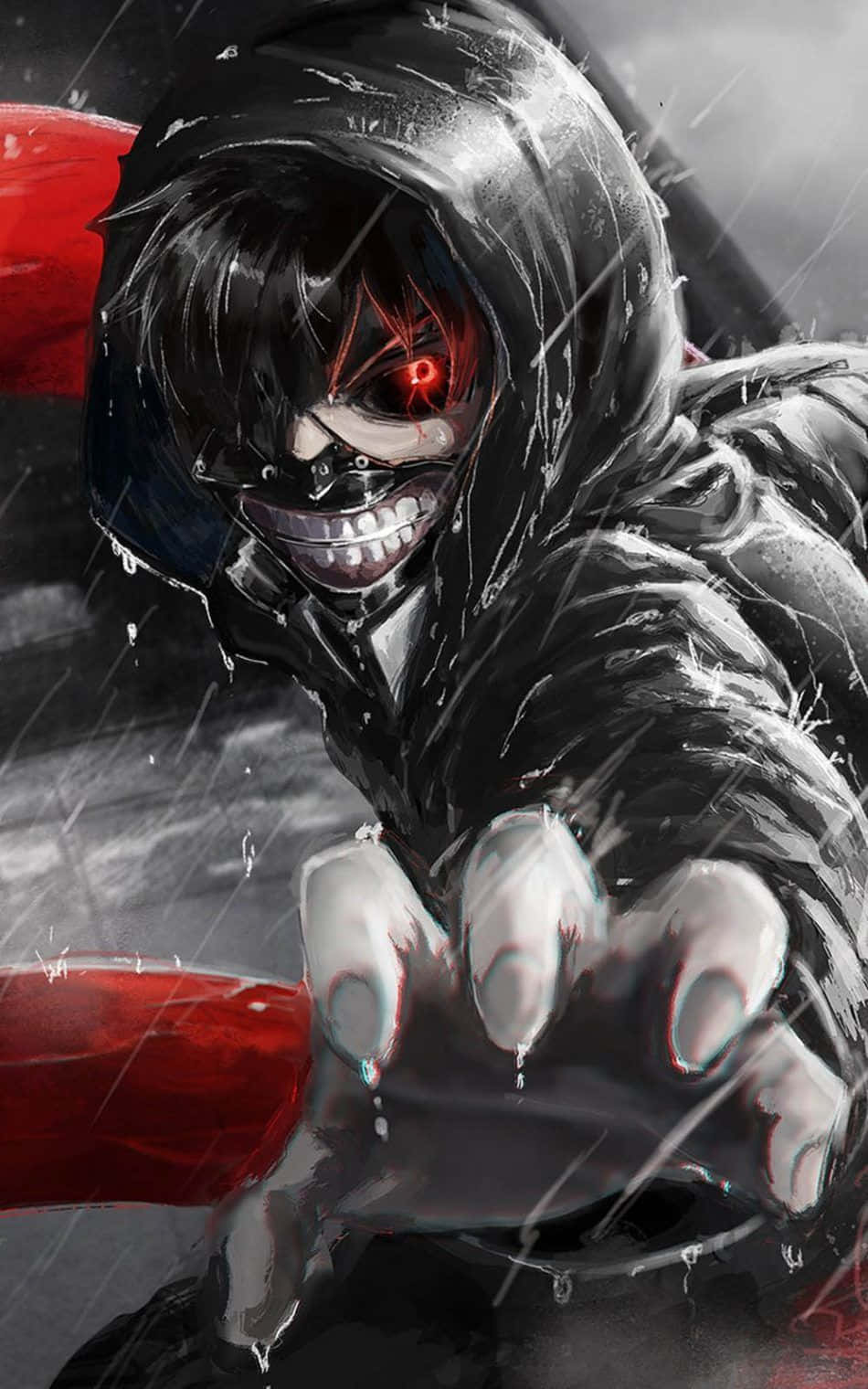 Kaneki Phone 桌布 壁紙 — 一個身穿黑色連帽外套、擁有發光紅眼和尖銳牙齒的威脅性動漫角色，在暴雨中向前猛撲。
