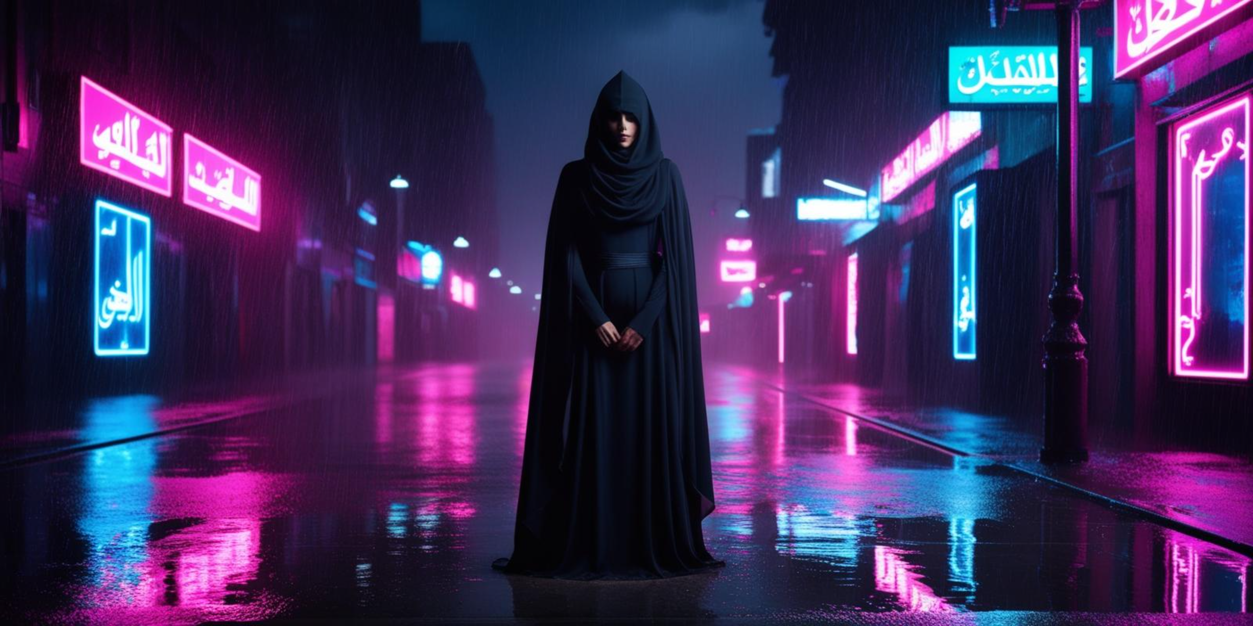 Urban Fantasy 桌布 壁紙 — 一個身穿黑色連帽衫的人獨自站在濕漉漉的霓虹燈街道上，反射出鮮豔的粉紅色和藍色燈光。