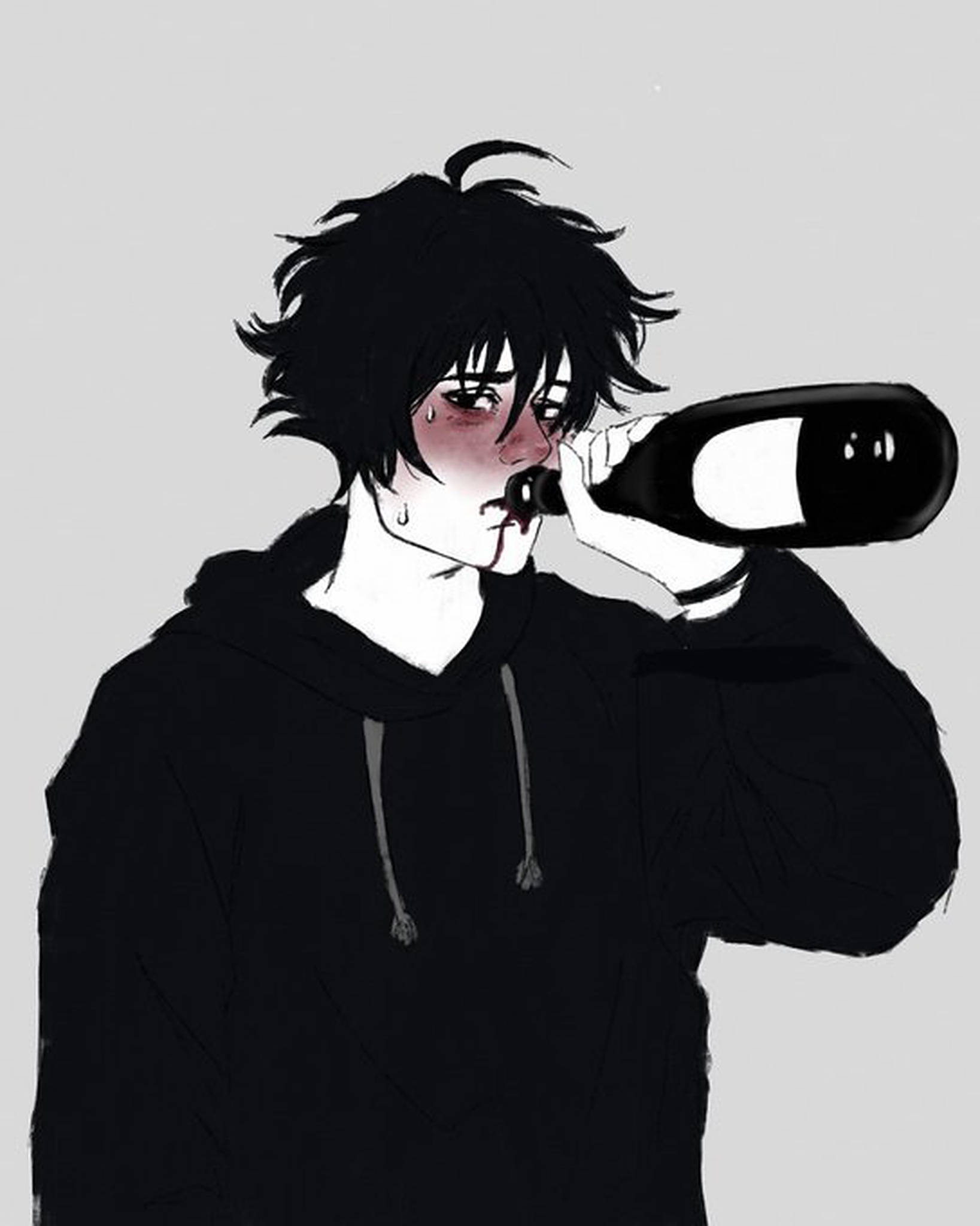 emo 頭像 桌布 壁紙 — 一個身穿黑色連帽衫的痛苦動漫男孩，臉上帶著淚水和血跡，在純灰色背景下從瓶子裡喝水。