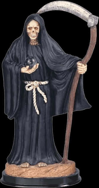 Scythe 桌布 壁紙 — 一個身穿黑色長袍、手持鐮刀和球體的死神雕像立於石基上，背景陰暗。