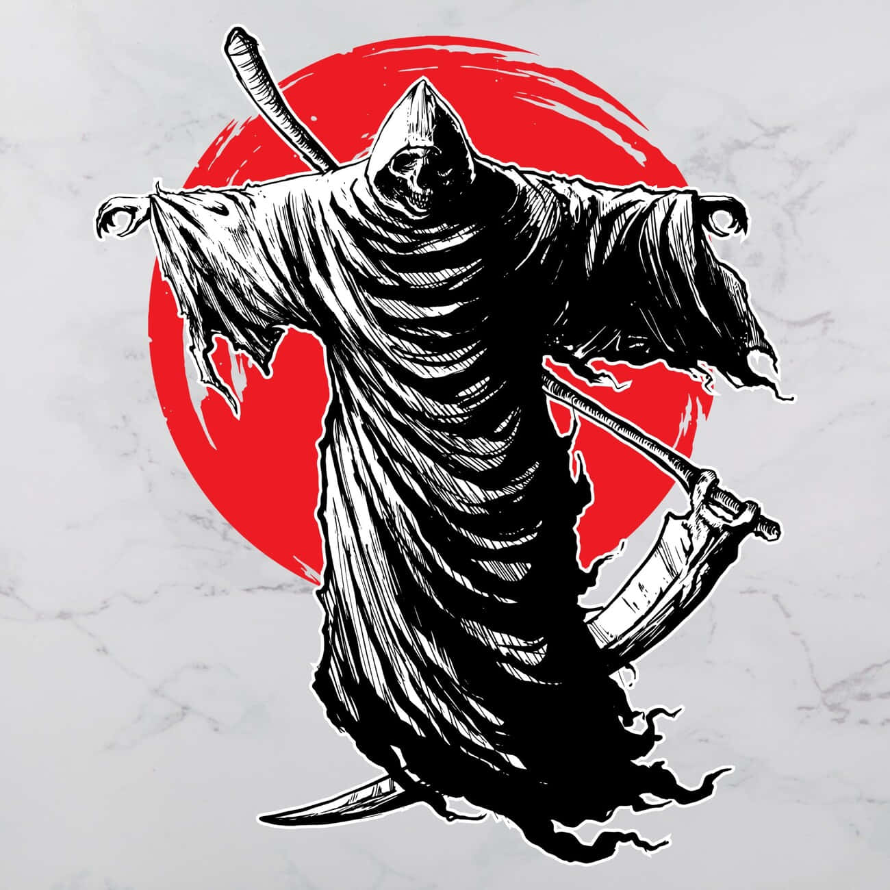 死神動圖 桌布 壁紙 — 一個身穿黑色長袍、手持鐮刀的威脅性死神，站在大膽的紅色太陽前，背景是大理石。