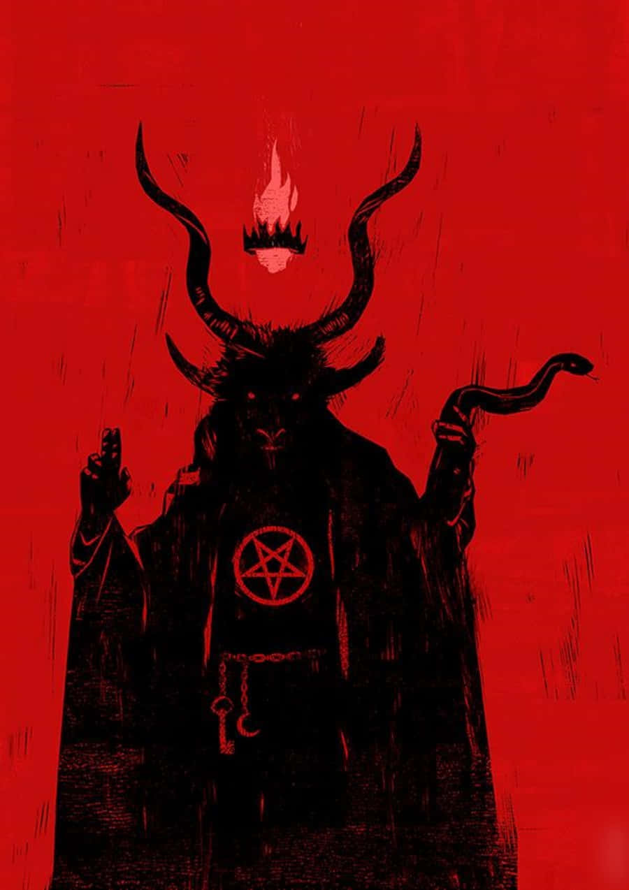 一個有角和五角星的惡魔般人物，站在紅色背景前。 — 撒旦 GIF 壁紙