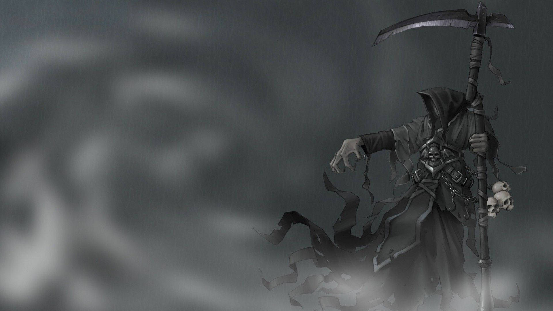 reaper 桌布 壁紙 — 一個身穿黑色長袍的死神揮舞著鐮刀，背景是旋轉的灰色迷霧。